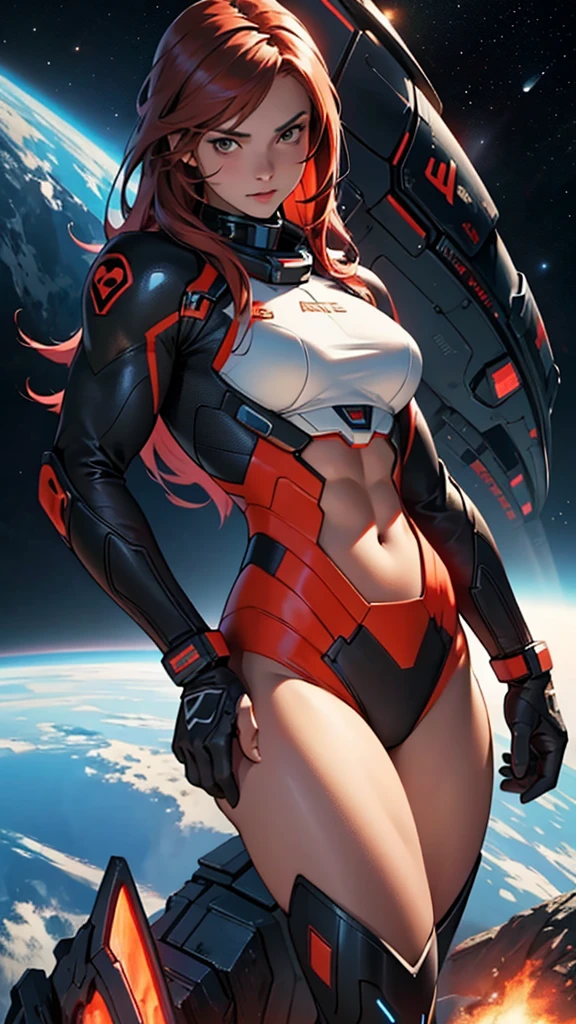 Beautiful girl on detailed muscles realistic masterpieces full figure pose (best quality,ultra-detailed), red-haired girl, brown eyes, fair skin, fit body, slim figure, narrow waist, large buttocks, (confident expression), wearing full black cybernetic battle suit for space combat