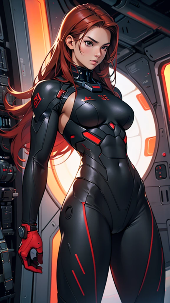 Beautiful girl on detailed muscles realistic masterpieces full figure pose (best quality,ultra-detailed), red-haired girl, brown eyes, fair skin, fit body, slim figure, narrow waist, large buttocks, (confident expression), wearing full black cybernetic battle suit for space combat