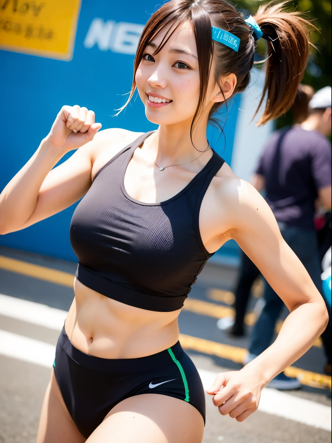 a healthy and sporty Japanese girl, athletic slender body, long brown hair tied in a high ponytail, anime style, vibrant colors, action lines, detailed, trending on Twitter