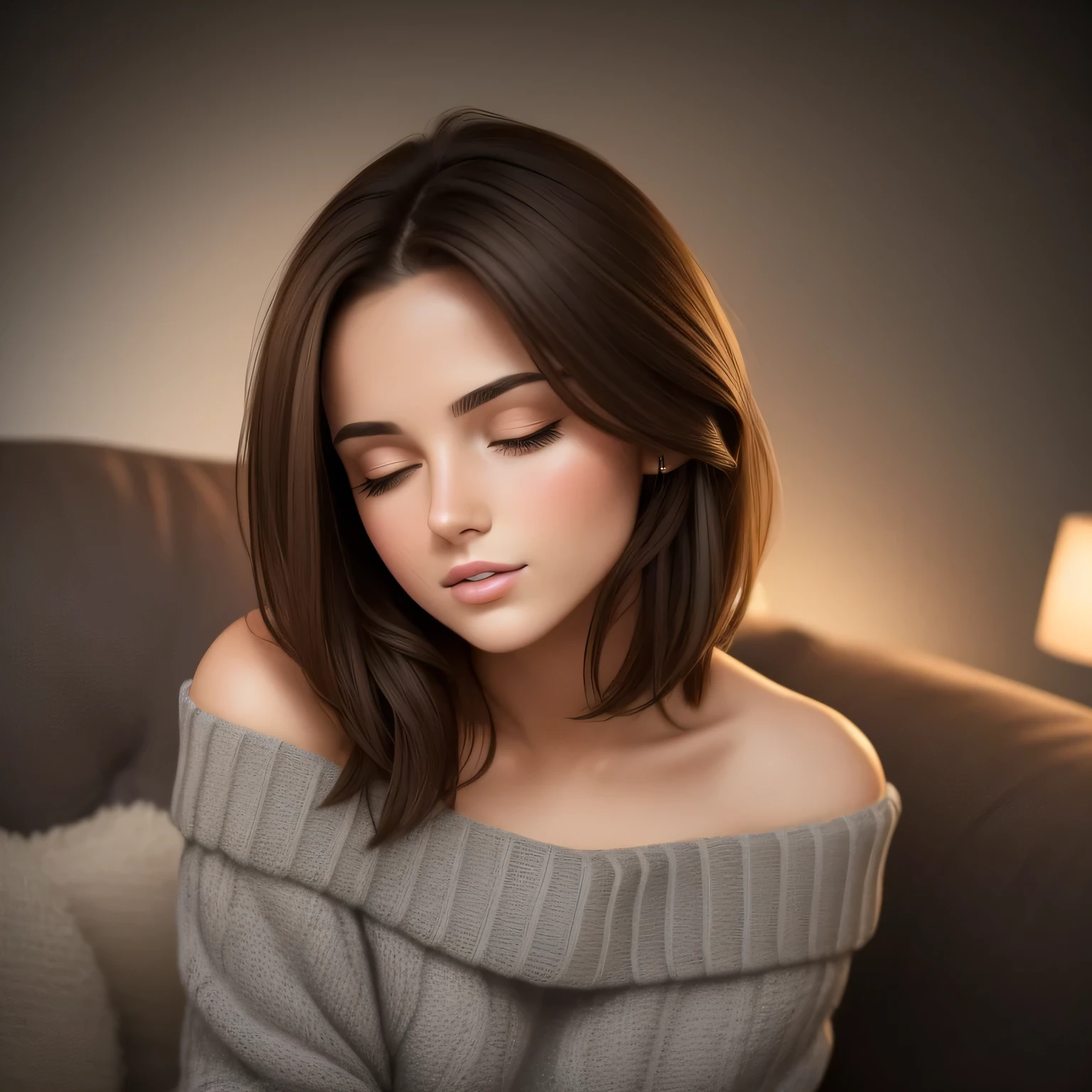 Amazing portrait of a sexy and cute woman who is your best friend's sister who is alone at her  home having a late night gaming session with her brown hair in a short bob style with soft eyes and parted lips with a deep blush wearing an off shoulder oversized grey sweater sitting on a  couch during night time and it's raining outside with warm lighting inside