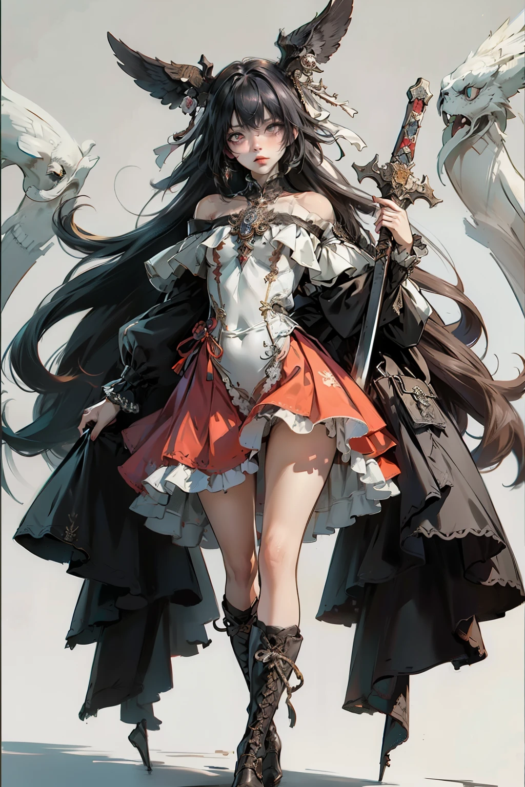 ((best quality)), ((masterpiece)), (detailed), blank white background, plain background, white background, off the shoulder NSFW, off shoulder, red and white clothing, Bloodborne inspired, occult aesthetic, occult, detailed and intricate steampunk and detailed gothic, NSFW, Very dramatic and cinematic lighting, cosmic horror, grim-dark, side-lighting, perfect face, NSFW, Fluttering lace flared long knee length dress with frilly petticoats, knee length dress, pleated petticoats, ta dress, petticoats gothic lolicomplex lace boots, side-lighting, gothic lolita aetic, wielding a mighty sword, carbine, NSFW, beautiful small breasts, small breasts, full body, whole body, body, plain background, white background, blank background, no background, white background NSFW, full body, whole body, head-to-toe NSFW