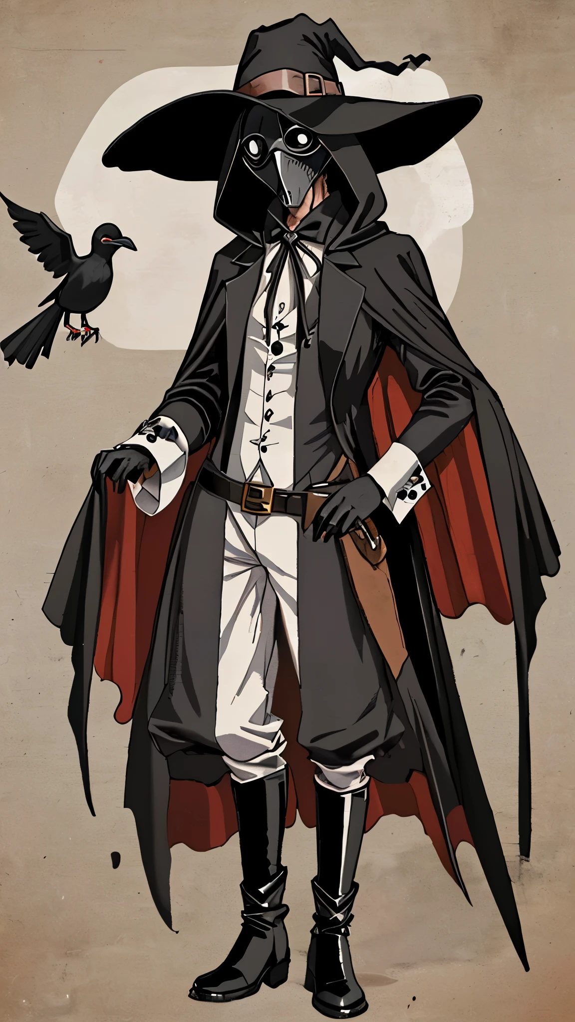 Typical plague doctor outfit, que inclui um longo manto preto, luvas de couro, botas altas, and the iconic wide-brimmed hat. The most distinctive piece of his costume is his bird&#39;s beak mask., which he himself designed and improved and a green fog surrounds him as he walks through the city alone in the dark where his glasses shine like a yellow lamp 