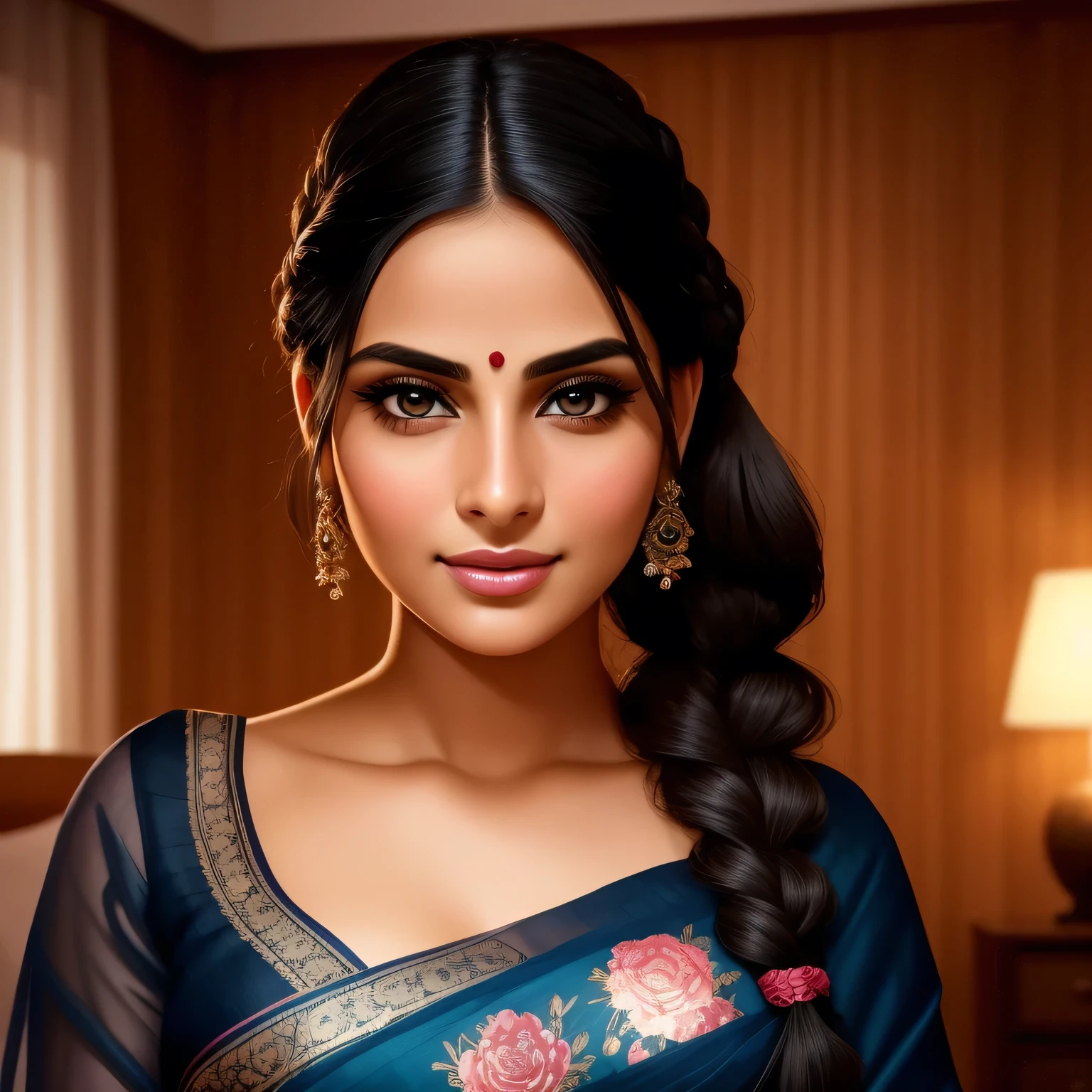 Amazing portrait of a sexy woman with her black hair tied in a braid and a beautiful fair toned face with amazing eyes and her perfect lips parted with blush on her cheeks with a flustered yet lustful expression on her face wearing a black blouse paired with a sheer floral blue saree in a bedroom at night time
