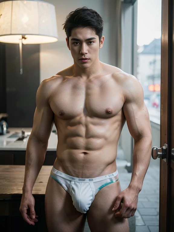 HOMEM COREANO, SEM CAMISA, rosto bonito, PEITO MUSCULAR, volume na cueca, bulge, grande, futuristic, robot body, lean body, husky, slim, big nice bulge, wearing micro string thong , thighs