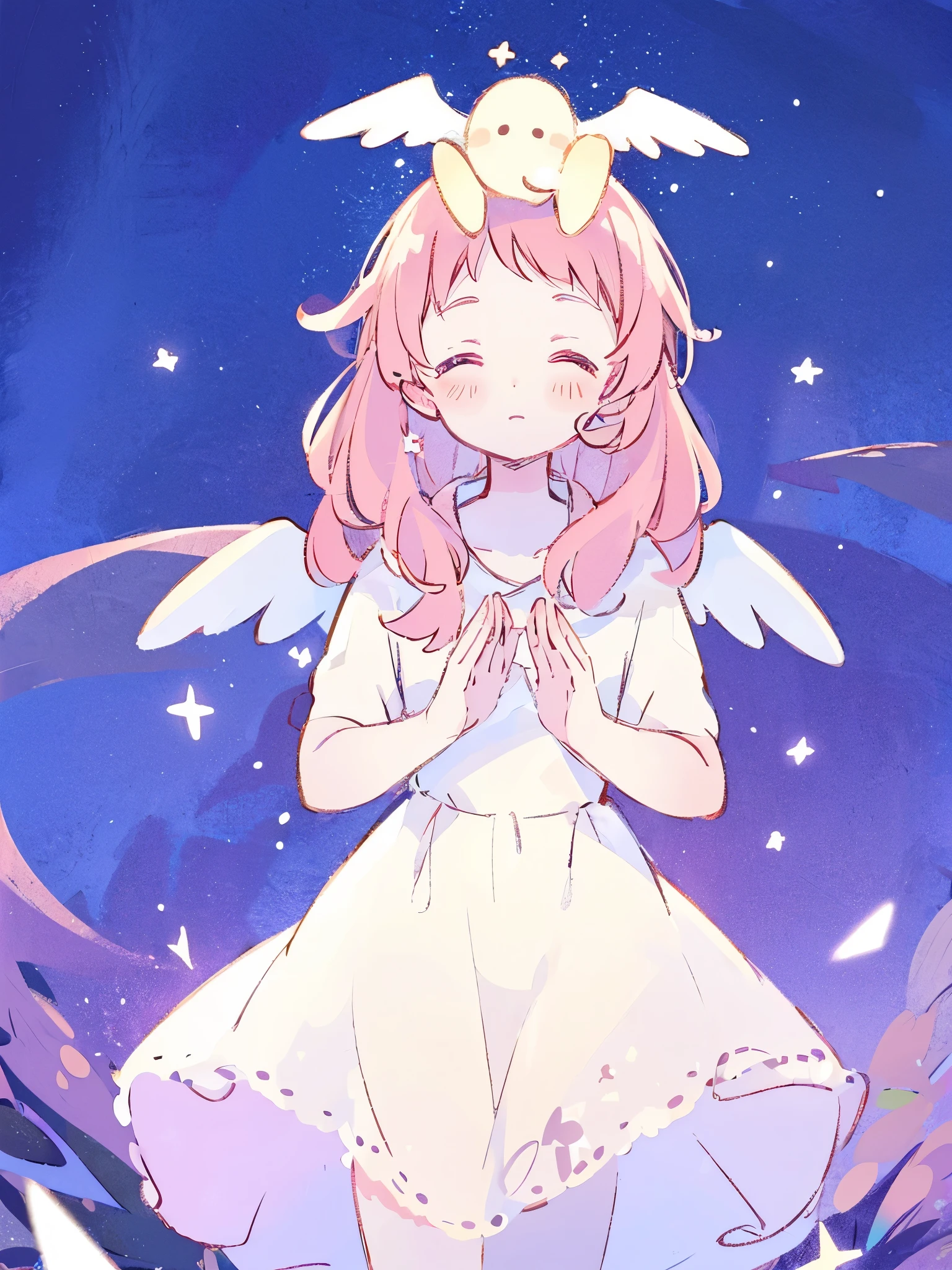 complex background, wishing star background, an angel girl wearing an ethereal mystical pink translucent dress that reflects the stars, small wings coming off her head, mystic, complex drawing, highly detailed, ethereal, starry night, midjourney style