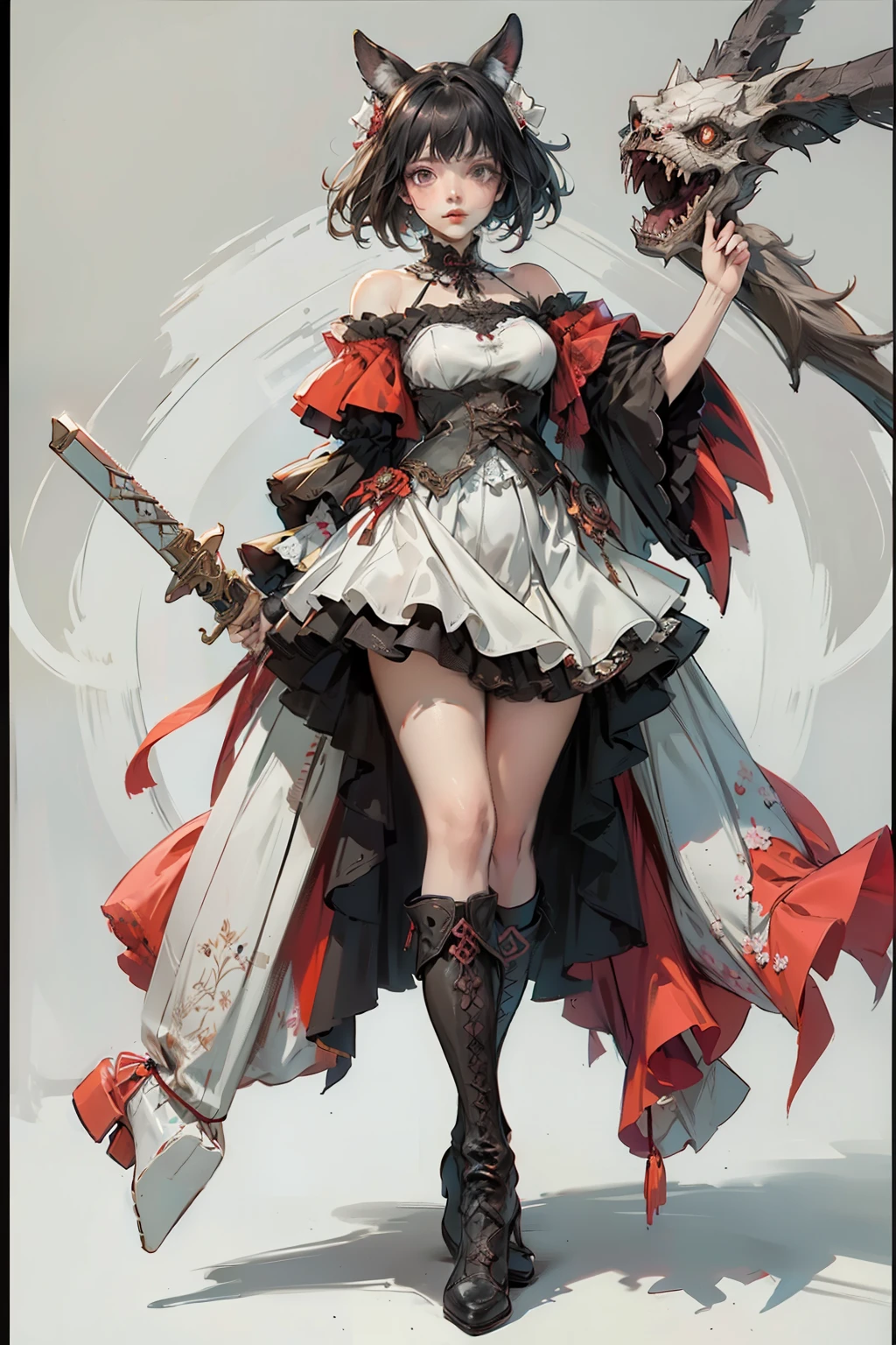 ((best quality)), ((masterpiece)), (detailed), blank white background, plain background, white background, off the shoulder NSFW, off shoulder, red and white clothing, Bloodborne inspired, occult aesthetic, occult, detailed and intricate steampunk and detailed gothic, NSFW, Very dramatic and cinematic lighting, cosmic horror, grim-dark, side-lighting, perfect face, NSFW, Fluttering lace flared long knee length dress with frilly petticoats, knee length dress, pleated petticoats, ta dress, petticoats gothic lolicomplex lace boots, side-lighting, gothic lolita aetic, wielding a mighty sword, carbine, NSFW, beautiful small breasts, small breasts, full body, whole body, body, plain background, white background, blank background, no background, white background NSFW, full body, whole body, head-to-toe NSFW