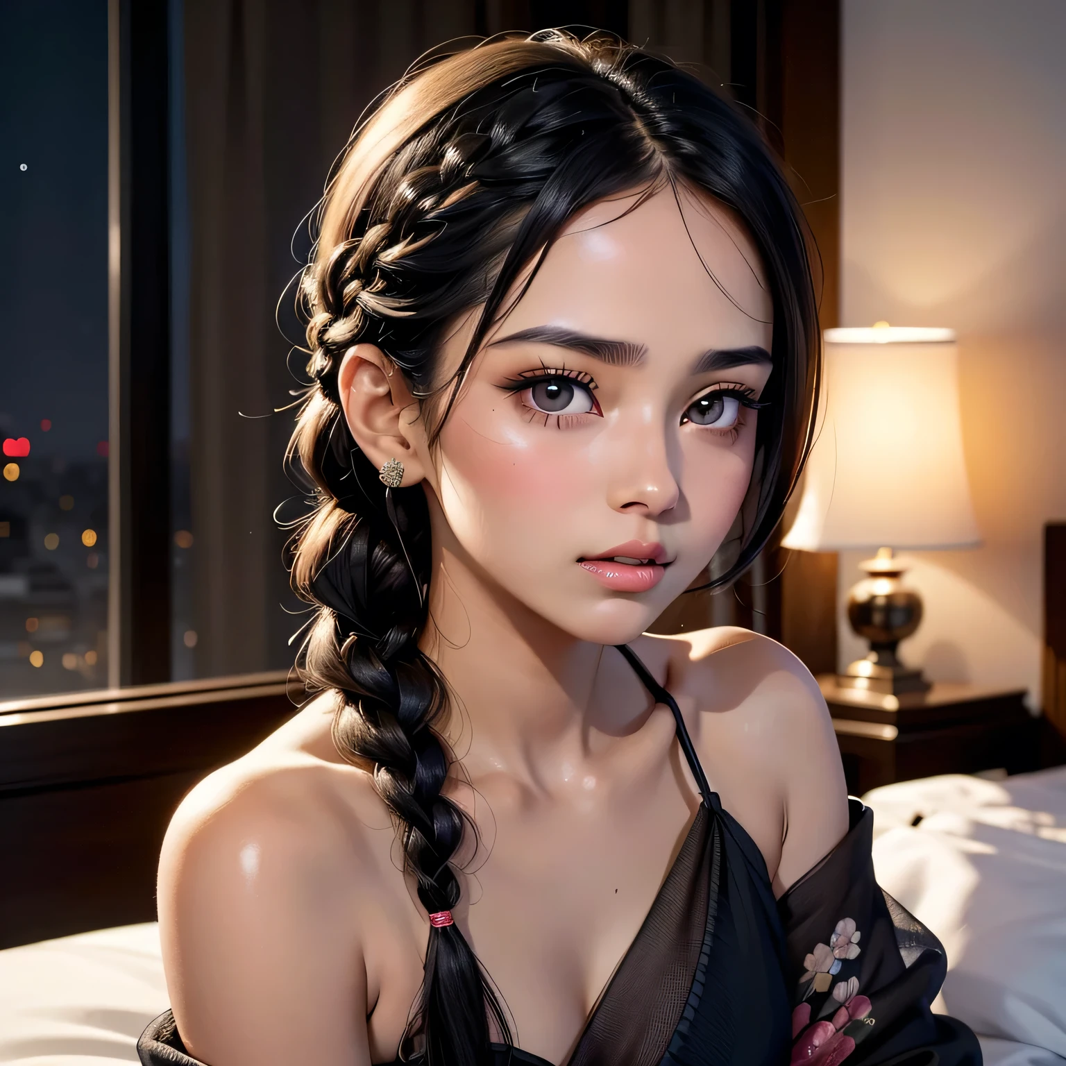 Amazing portrait of a sexy woman with her black hair tied in a braid and a beautiful fair toned face with amazing eyes and her perfect lips parted with blush on her cheeks with a flustered yet lustful expression on her face wearing a black blouse paired with a sheer floral blue saree in a bedroom at night time