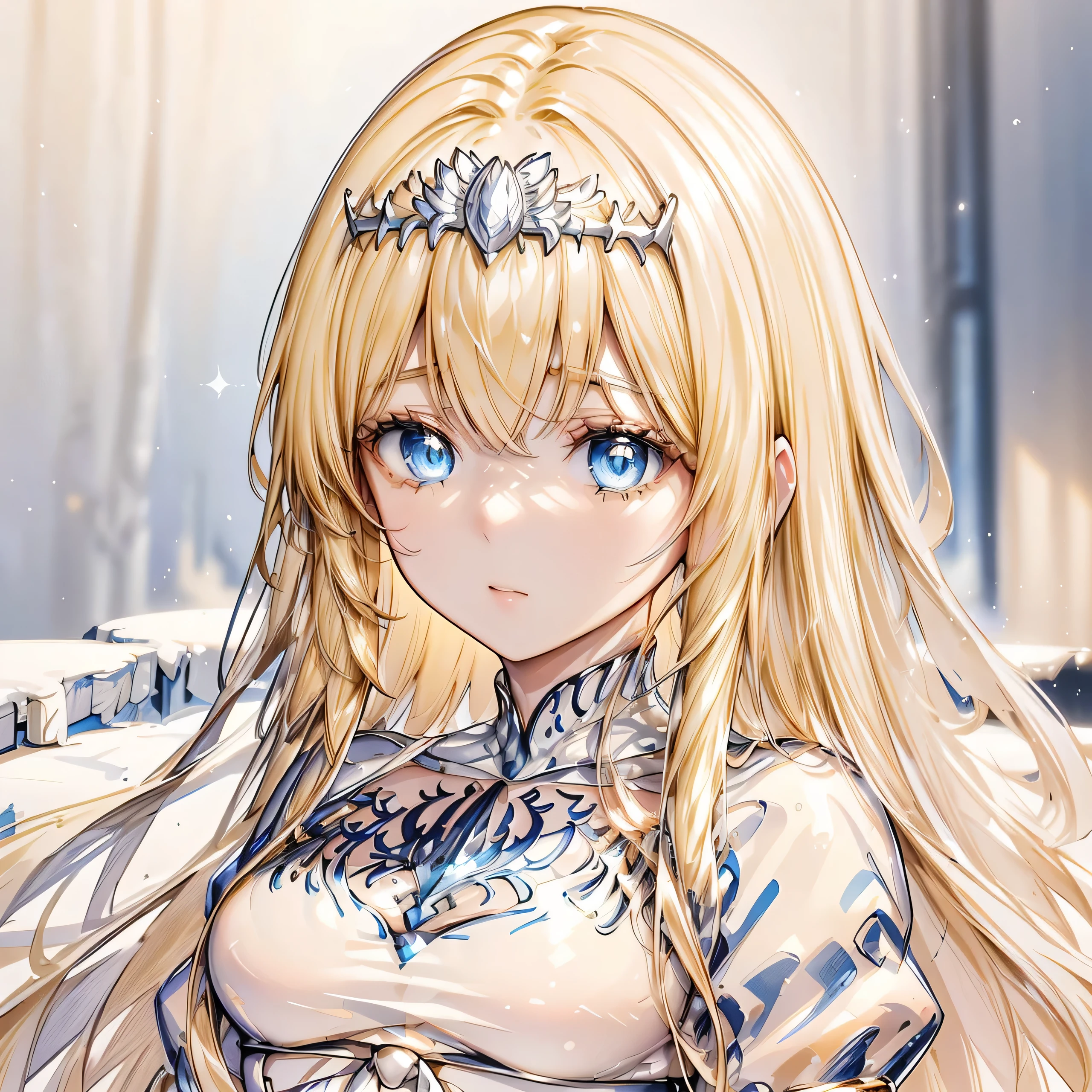 High definition RAW color art, Animation,sculptures, Silver beautiful Skin, (((Ultra detailed elegant))), Magical atmosphere, (Detailed skin, Texture (Intricately detailed, Fine detail, ultra-detailliert),, Silky Touch, Hyper Detail, Matte Drawing, sparkle effect, Monochrome background, pastel blue, Winter, beautiful eyes, elegant face, 1girl, solo, Calca, Calca Bessarez, blonde hair, extremely long hair, very long hair, white tiara, silver tiara, white dress, blue eyes, medium chest, yellow hair color, golden hair