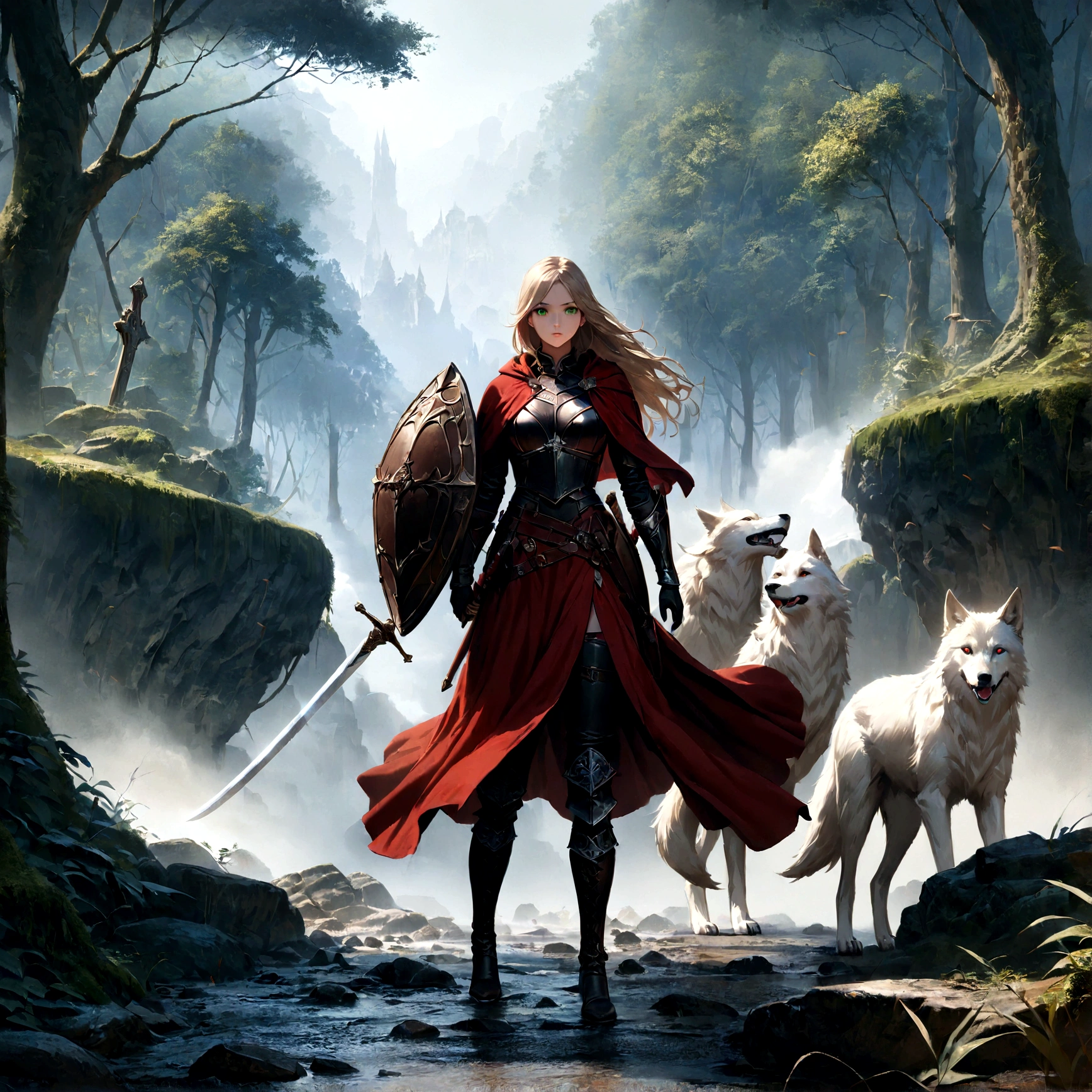 fantasy art, RPG art, Dark fantasy art, ultra wide shot, RAW, photorealistic, a picture of (1single: 1.5) female human ranger, the ranger, an exquisite beautiful human woman, long blond hair, braided hair, green eyes, wearing leather armor, wearing (red cloak: 1.1), armed with a (sword: 1.3), wearing laced boots, standing in a dark forest at night, (mist rising from the grounds: 1.3), a sense of dread and fear, yet she stands defiant and fearless, there is a wolf companion with her,  dark fantasy forest background, best quality, 16k, [ultra detailed], masterpiece, best quality, (ultra detailed), full body, ultra wide shot, photorealism, Sword and shield, dark novel