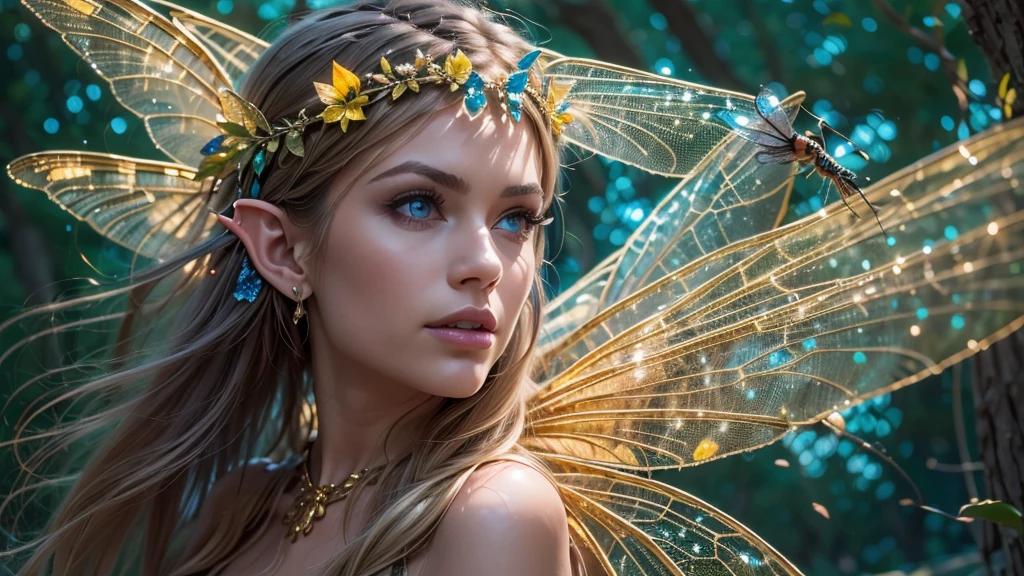 Beautiful faerie woman, elf ear, flying, centered holographic dragonfly wings, balanced wings, glowing blue eyes, detailed proportional hand, proportional body, firm breast, silk tutu, frank Frazzetta painting style, (Best Quality:1.4), (Ultra-detailed), (extremely detailed CG unified 8k wallpaper), Highly detailed, RAW Photos, Professional Photography, plein air, Illumination, (Super fancy photos:1.4), (Dazzling light), Radiant Photography, depth of fields