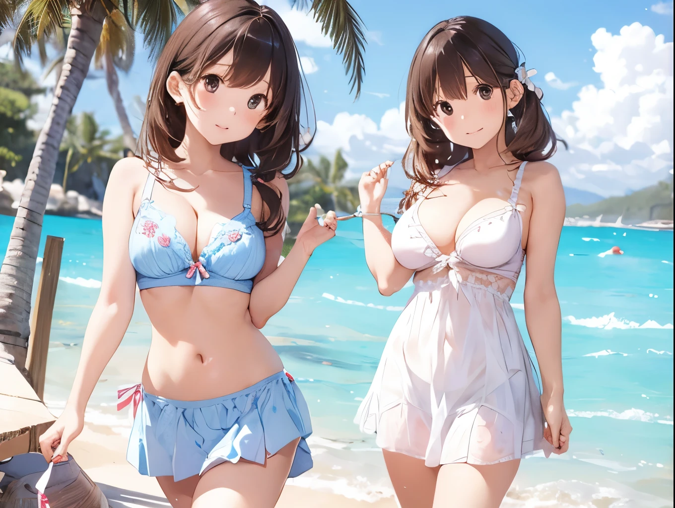 Breasts sticking to a white dress shirt、She is wearing a light blue and white checkered skirt with cute ribbons in both hands, showing off her underwear.、barefoot、Sandy beach, sea and blue sky、Little sister hugs her older sister、Big Breasts、Paisura