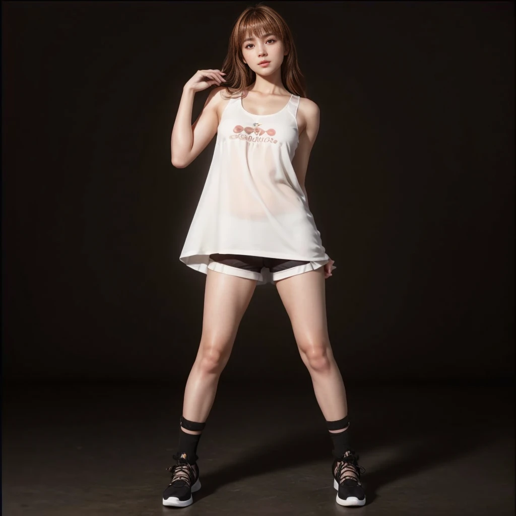 Kasumi, brown eyes, (best quality, ultra-detailed), (realistic:1.37), beautiful and detailed face, ultra-realistic texture, delicate face, delicate body, red lipstick, bright colors. High definition, 8K, well defined legs.