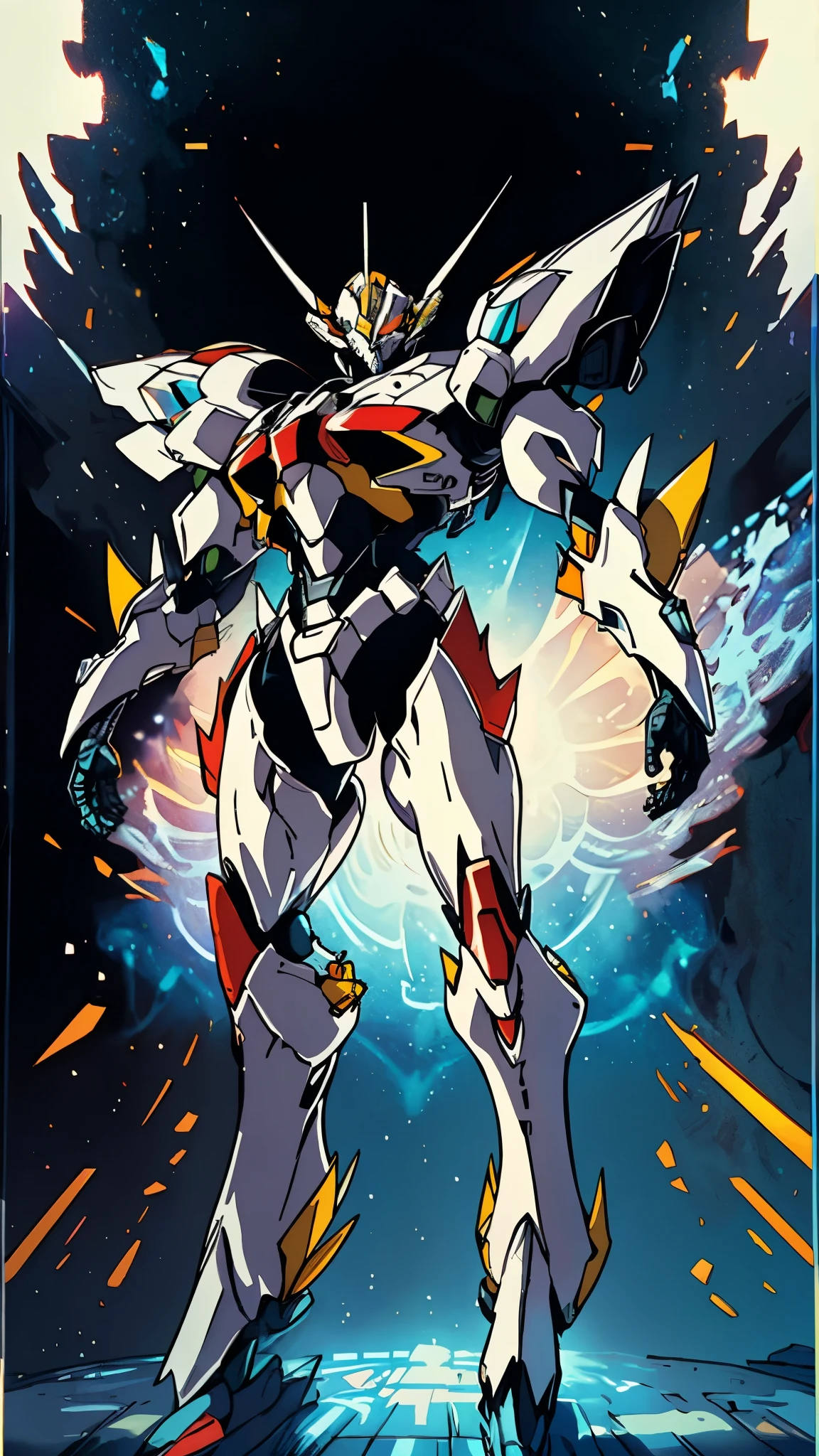 Humanoid Mecha, fully enclosed shoulder guards, matching arm and leg guards, full body, full armor, the design balances heavy with agility, (the color scheme is primarily white with red and blue accents, the concept Inspired by Super robot, organic biotech armor, standing, floating high above the futuristic sci-fi city), exquisite and mature art style, (aura effect, energy, glowing eyes, the armor glows), ((SRS)), metallic, dynamic, dramatic, high definition, best quality, highres, ultra-detailed, ultra-fine painting, extremely delicate, professional, perfect body proportions, anatomically correct, symmetrical face, extremely detailed eyes and face, high quality eyes, creativity, RAW photo, UHD, 32k, Natural light, cinematic lighting, masterpiece-anatomy-perfect, masterpiece:1.5