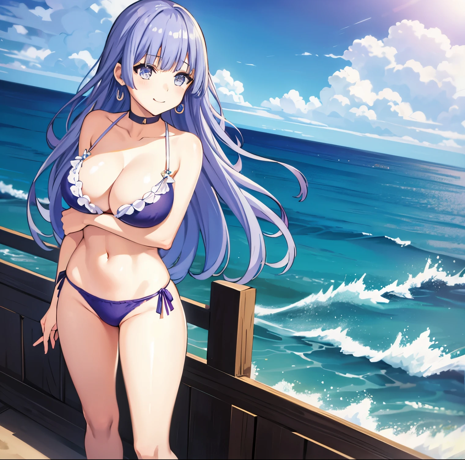 1girl, alone, miku Izayoi, retailer, good lighting, masterpiece, best quality, long hair, blue-purple hair, blue-purple eyes, big breasts, medium waist, wide hips, medium thighs, round ass, absurd, blue-purple bikini, teal purple bra, teal purple thong, standing, smile, beach, sea, sunny, clouds, outdoor , earrings, choker, sexy body, sexy, seductive posture, hands on waist, looking at viewer, head on, focus on breasts, pov (from above), perfect anatomy, perfect hands.