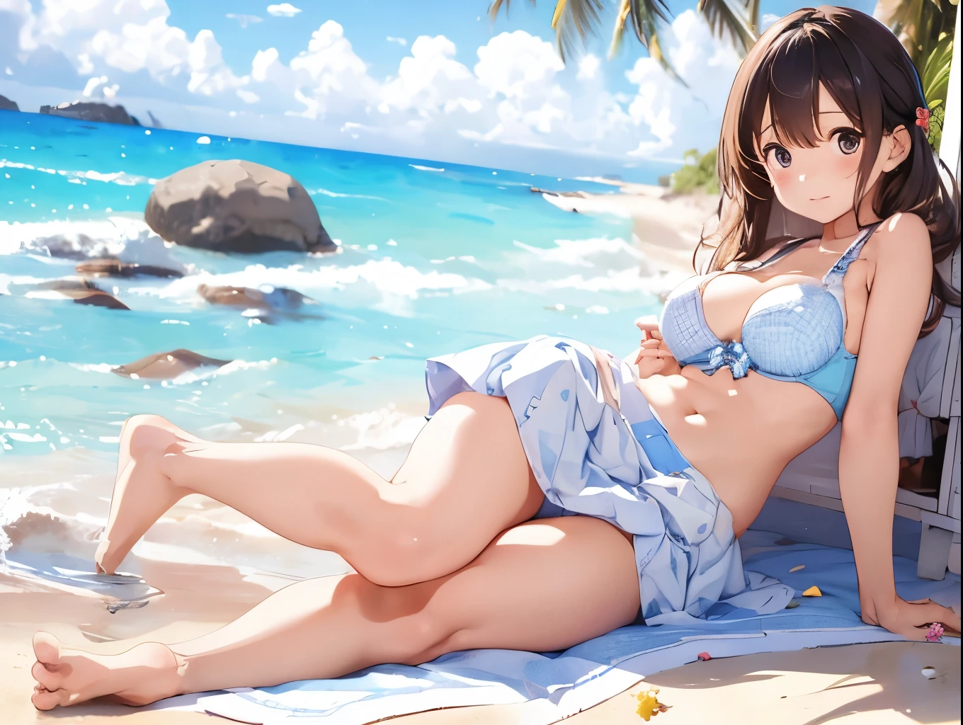 Breasts sticking to a white dress shirt、She is wearing a light blue and white checkered skirt with cute ribbons in both hands, showing off her underwear.、barefoot、Sandy beach, sea and blue sky、Little sister hugs her older sister、Big Breasts、Paisura