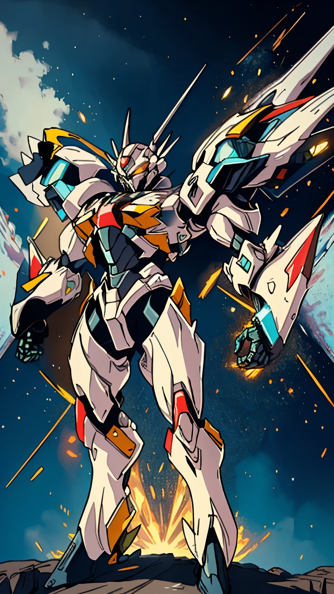 Humanoid Mecha, fully enclosed shoulder guards, matching arm and leg guards, full body, full armor, the design balances heavy with agility, (the color scheme is primarily white with red and blue accents, the concept Inspired by Super robot, organic biotech armor, standing, floating high above the futuristic sci-fi city), exquisite and mature art style, (aura effect, energy, glowing eyes, the armor glows), ((SRS)), metallic, dynamic, dramatic, high definition, best quality, highres, ultra-detailed, ultra-fine painting, extremely delicate, professional, perfect body proportions, anatomically correct, symmetrical face, extremely detailed eyes and face, high quality eyes, creativity, RAW photo, UHD, 32k, Natural light, cinematic lighting, masterpiece-anatomy-perfect, masterpiece:1.5