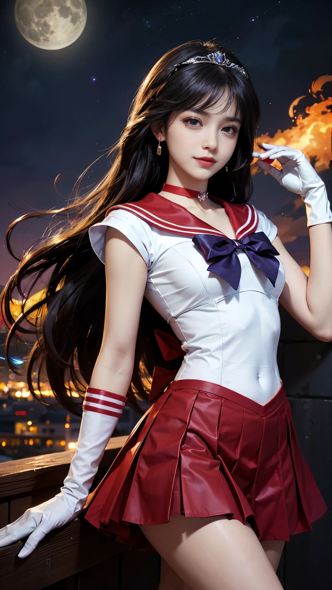 1 girl,long hair, (high quality,8K,black hair, realistic, 最high quality, purple dyed hair, purple hair, lumasterpiece,Super detailed, disorganized)1.5,((Summer 1, tiara, Sailor Senshi Uniform, white gloves, Red sailor collar, red skirt)),City of night,white gloves,purple ribbon,purple eye,masterpiece,best quality,highres,sama1,tiara,sailor senshi uniform,white gloves,red sailor collar,red skirt,star choker,elbow gloves,pleated skirt,bare legs,purple bow,space,moon,cowboy shot,smile,flame bow, 