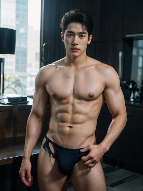 HOMEM COREANO, SEM CAMISA, rosto bonito, PEITO MUSCULAR, volume na cueca, bulge,  grande, futuristic, robot body, lean body, husky, slim, big nice bulge, wearing micro string thong , thighs , earth tone photo