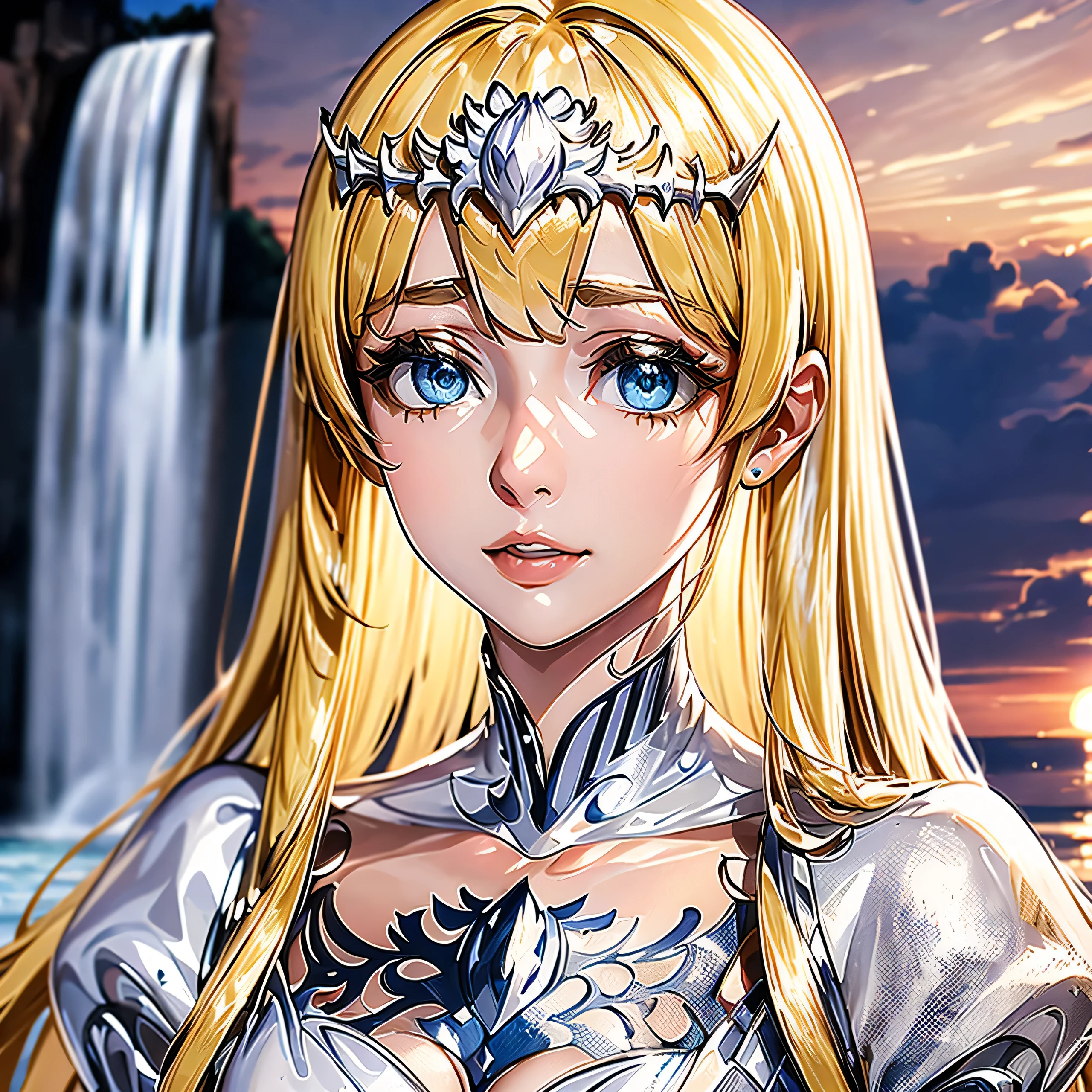 (masterpiece misguided style, best quality, dusk:1.3, portrait-type, , ,waterfall , sunset background, Exquisite, trending on CGSociety, 1girl, solo, Calca, Calca Bessarez, blonde hair, (extremely long hair:1.3), very long hair, white tiara, silver tiara, white dress, blue eyes, medium chest, upper body