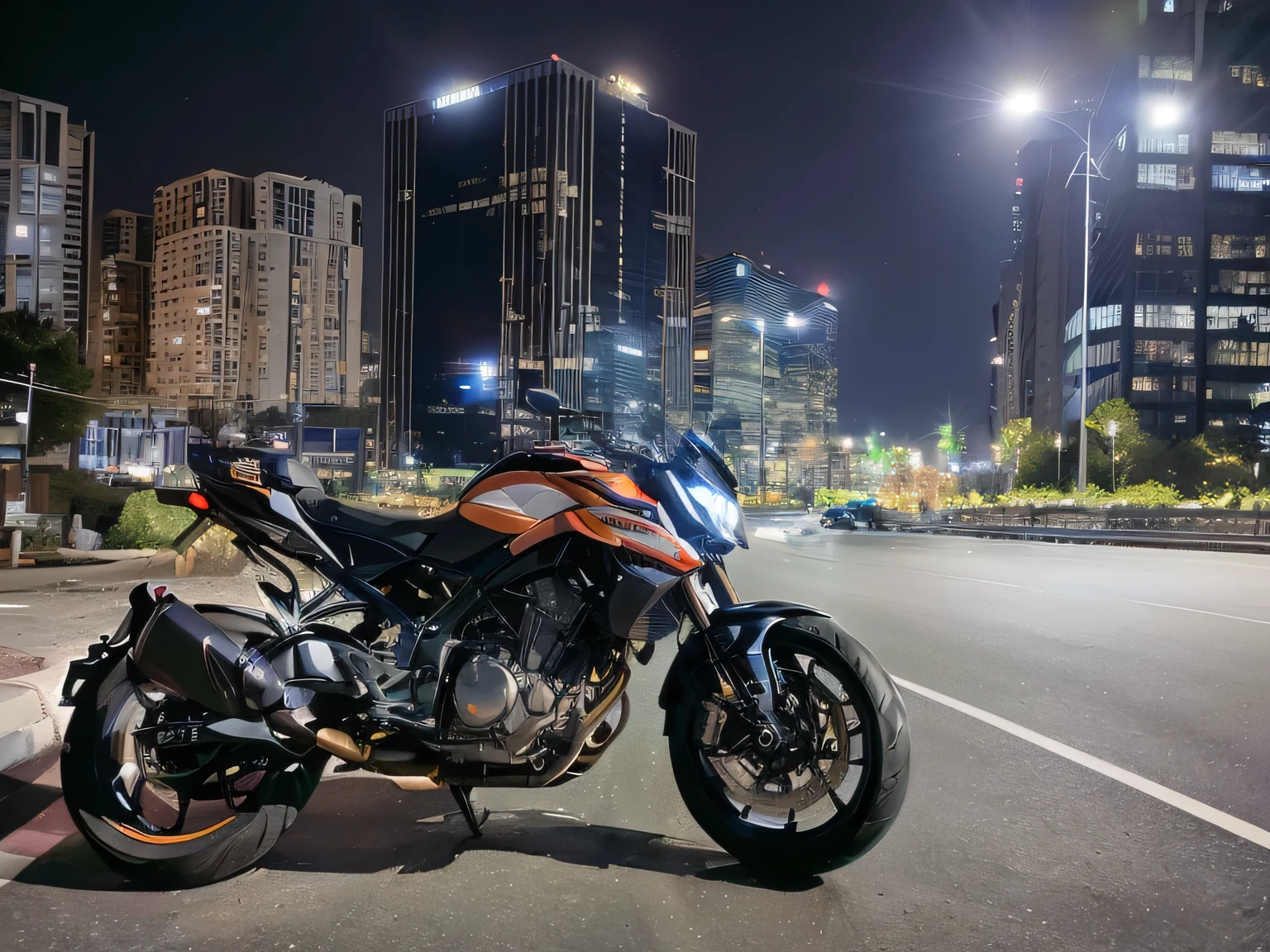 motorcycle parked on the side of the road in the city at night, taken with sony alpha 9, taken with sony a7r camera, taken with canon eos 5 d mark iv, taken with the best dlsr camera, with a city in the background, taken with sigma 2 0 mm f 1. 4, taken in the night, taken with canon 5d mk4
