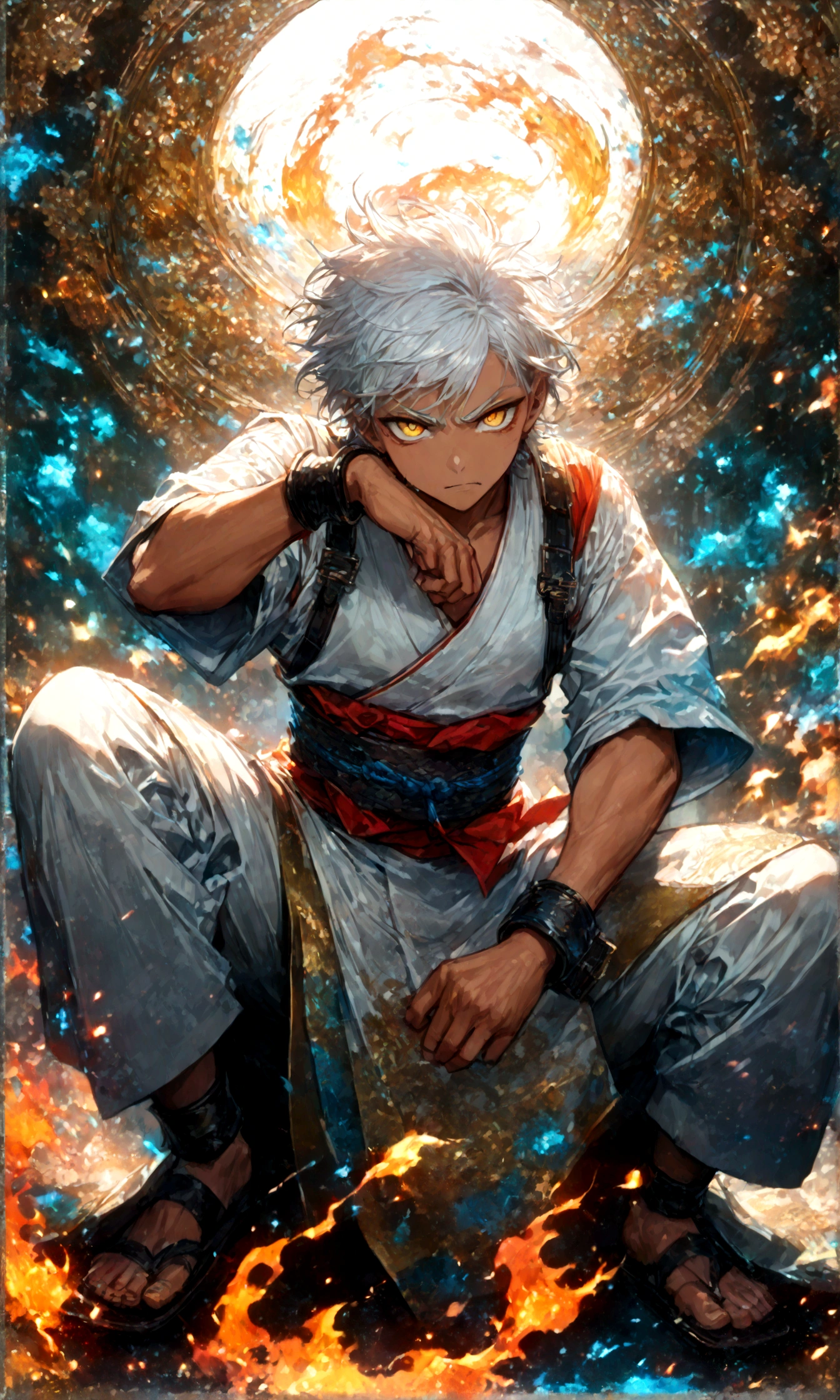(1 male,gabimaru,Androgynous short hair,white hair,White ninja costume,Gabimaru is a slim androgynous man,Listless,Droopy eyes,Yellow Eyes),Midori Ishida's painting style,Moderate dirt,Intricate details,,Decadent,artwork,rendering,(masterpiece:1.3),(highest quality:1.4),(Super detailed:1.5),High resolution,Very detailed,unity 8k wallpaper,Dark fantasy,Glare,Fighting Style,BREAK,The ninja outfit that Gabimaru is wearing is white.,The collar and cuffs are black.,BREAK,Add a Japanese pattern to the background,Flame with detailed Japanese pattern