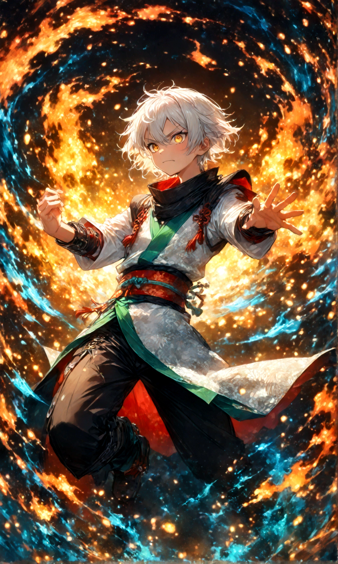 (1 male,gabimaru,Androgynous short hair,white hair,White ninja costume,Gabimaru is a slim androgynous man,Listless,Droopy eyes,Yellow Eyes),Midori Ishida's painting style,Moderate dirt,Intricate details,,Decadent,artwork,rendering,(masterpiece:1.3),(highest quality:1.4),(Super detailed:1.5),High resolution,Very detailed,unity 8k wallpaper,Dark fantasy,Glare,Fighting Style,BREAK,The ninja outfit that Gabimaru is wearing is white.,The collar and cuffs are black.,BREAK,Add a Japanese pattern to the background,Flame with detailed Japanese pattern