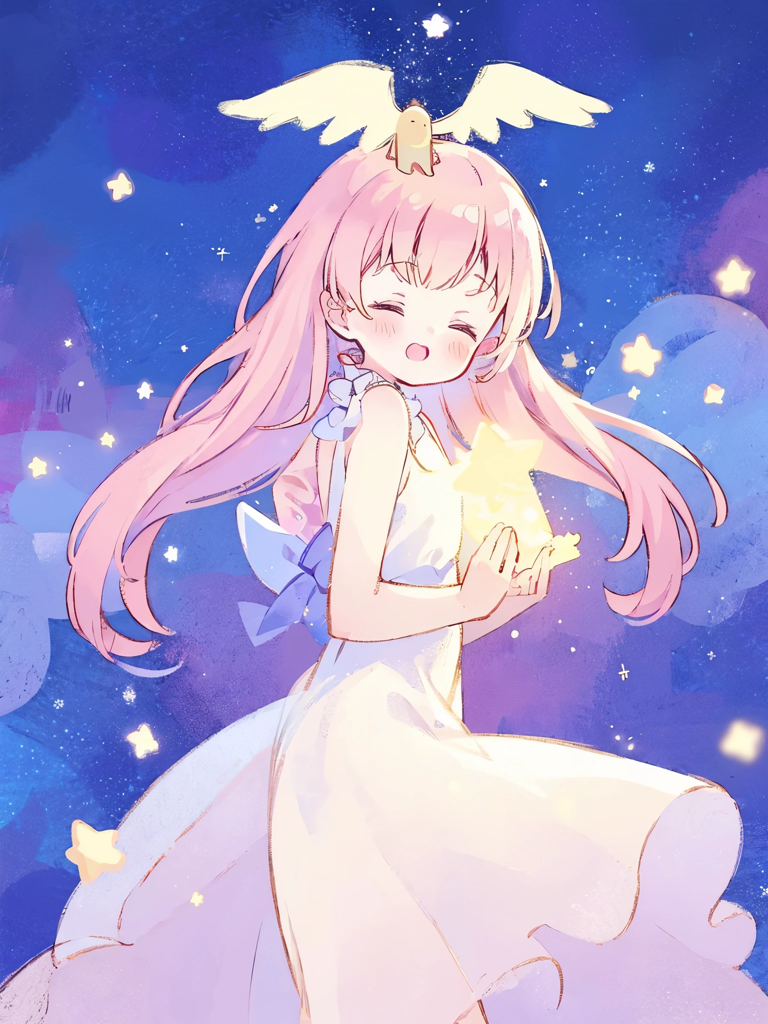 complex background, wishing star background, an angel girl wearing an ethereal mystical pink translucent dress that reflects the stars, small wings coming off her head, mystic, complex drawing, highly detailed, ethereal, starry night, midjourney style