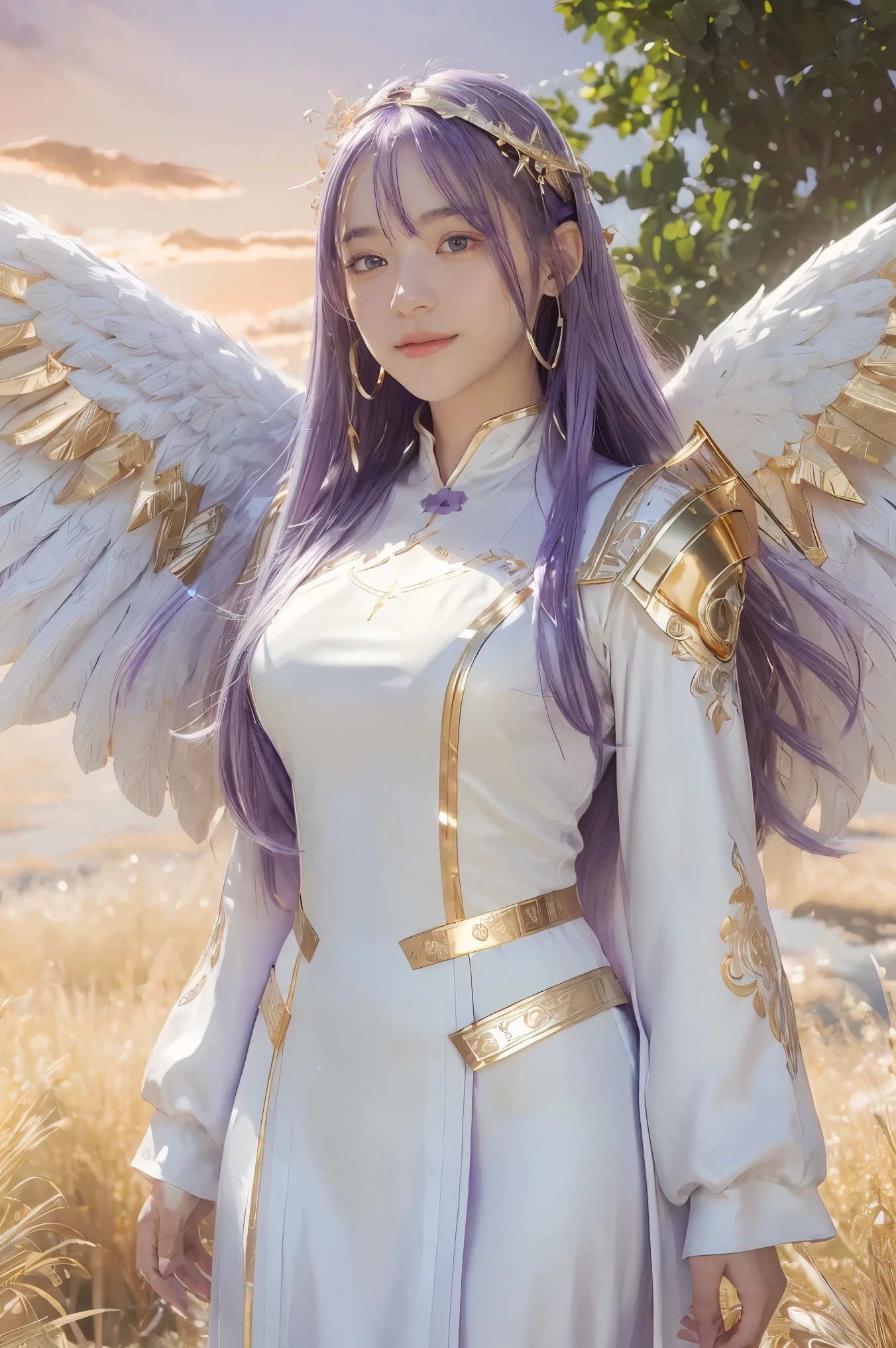 ((masterpiece, best quality, extremely detailed), volumetric lighting, ambient occlusion, colorful, glowing),
1girl, solo, young girl, (purple hair), long hair, halo, aura, sacred, goddess, cleric suit, (white outfit with gold detailst:1.3), angel wings,
outdoors, sunset, sky, clouds, space, (fantasy theme:1.2),
