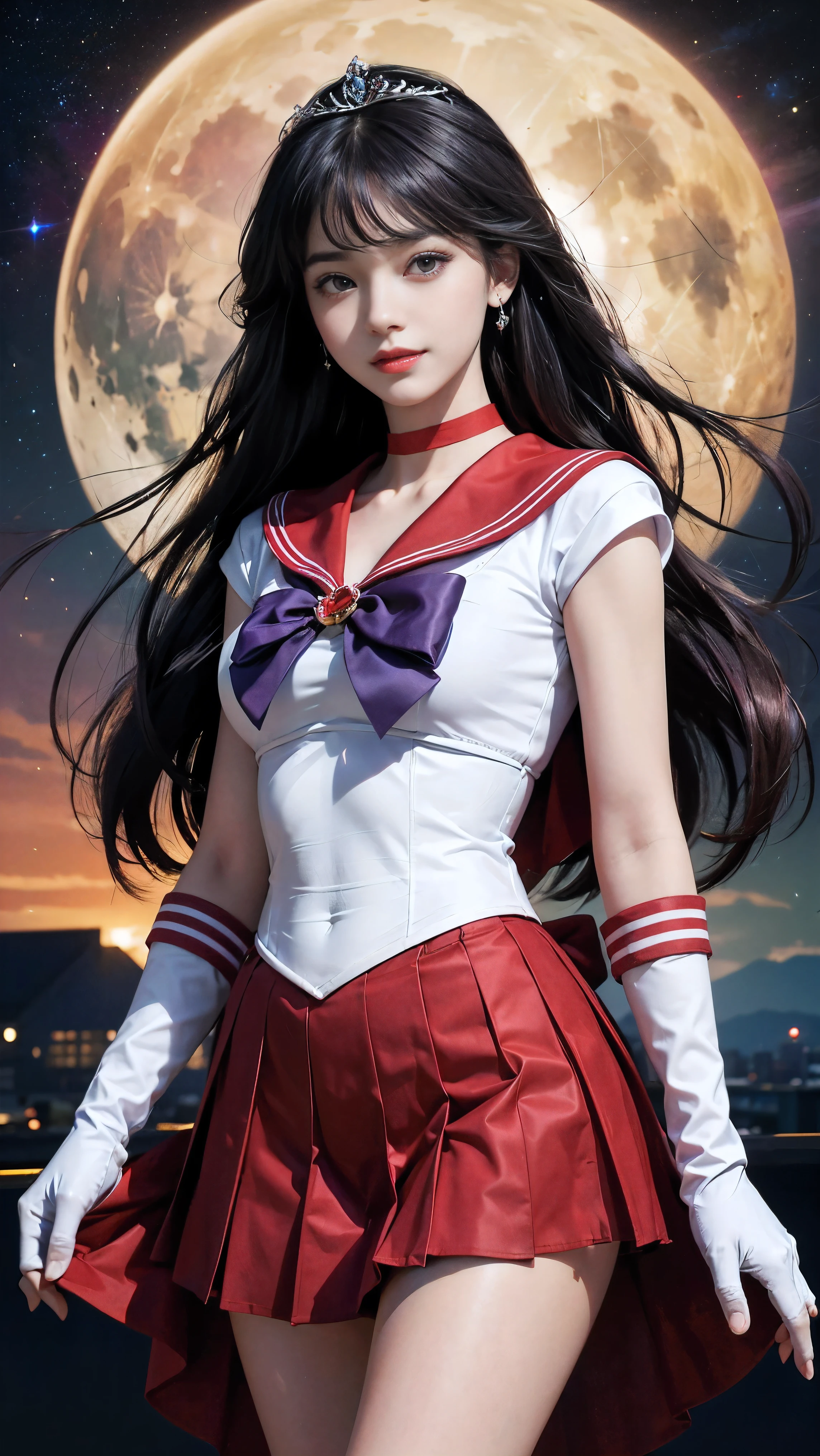 1 girl,long hair, (high quality,8K,black hair, realistic, 最high quality, purple dyed hair, purple hair, lumasterpiece,Super detailed, disorganized)1.5,((Summer 1, tiara, Sailor Senshi Uniform, white gloves, Red sailor collar, red skirt)),City of night,white gloves,purple ribbon,purple eye,masterpiece,best quality,highres,sama1,tiara,sailor senshi uniform,white gloves,red sailor collar,red skirt,star choker,elbow gloves,pleated skirt,bare legs,purple bow,space,moon,cowboy shot,smile,flame bow, 