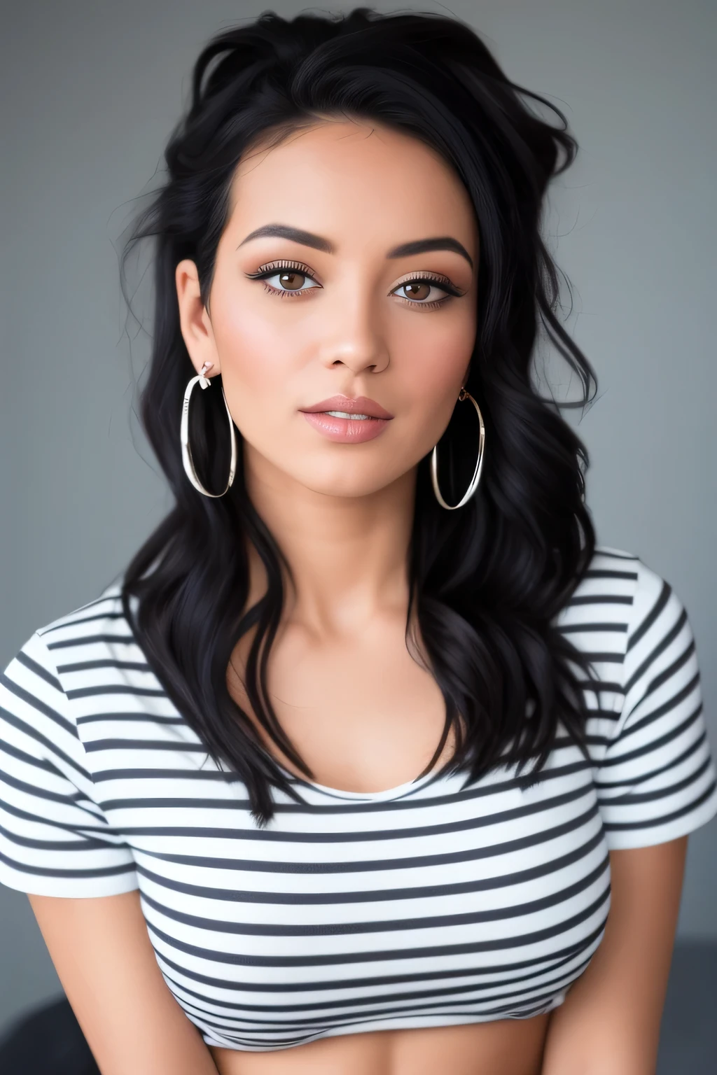 Amazing portrait of a sexy and  woman with a beautiful face with seductive eyes gazing intensely at me with her soft lips parted in anticipation of a kiss which is making her blush intensely her lips are also curved in a soft smile she has her luscious black hair in a cute bun wearing a black and white striped t shirt and a dark green skirt paired with some elegant earrings her t shirt showing her medium chest and perfect body off 