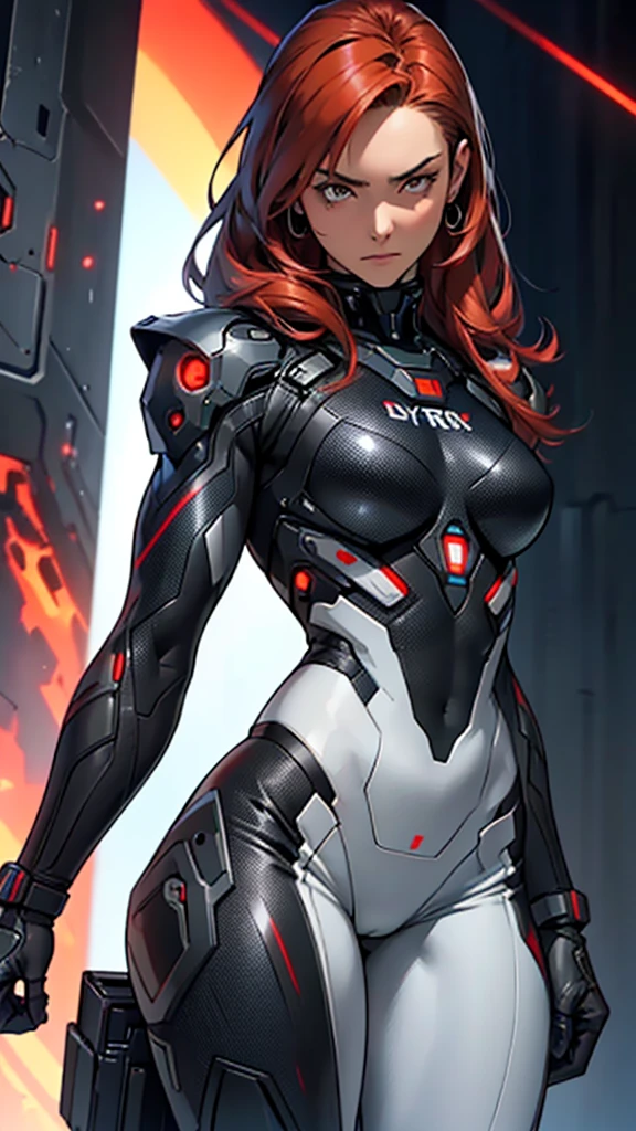 Beautiful cybernetic girl in black mobile cybernetic battle suit detailed muscles realistic masterpieces full figure pose (best quality,ultra-detailed), red-haired girl, brown eyes, fair skin, fit body, slim figure, narrow waist, large buttocks, (confident expression), black cybernetic battle spacesuit