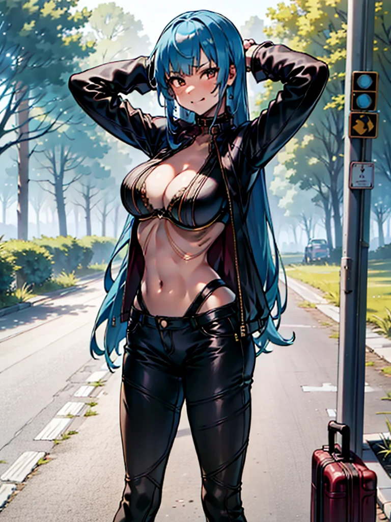 (Masterpiece, Best Picture, High Resolution), A sassy-looking girl is hitchhiking along an unpopular country road. She is standing on the side of the road, carrying her bag and luggage. She is sexually attractive. ((She is dressed with her jacket open and her bra exposed.)) ) The background is a desolate rural landscape, with long stretches of road, few trees, and no houses in sight. She signals the car to stop with a confident thumbs-up gesture with her arms raised high and a sly smirk on her face, creating a cheeky demeanor. The overall atmosphere should convey her sassy attitude and secluded, isolated setting. nsfw