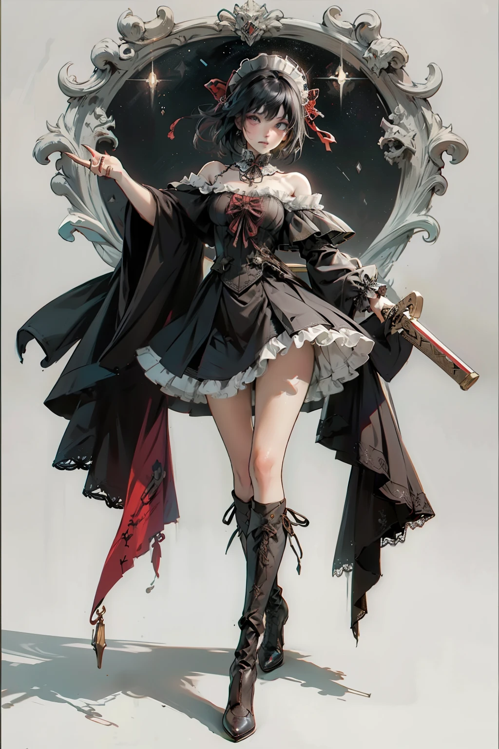 ((best quality)), ((masterpiece)), (detailed), blank white background, plain background, white background, off the shoulder NSFW, off shoulder, red and white clothing, Bloodborne inspired, occult aesthetic, occult, detailed and intricate steampunk and detailed gothic, NSFW, Very dramatic and cinematic lighting, cosmic horror, grim-dark, side-lighting, perfect face, NSFW, Fluttering lace flared long knee length dress with frilly petticoats, knee length dress, pleated petticoats, lolita dress, petticoats gothic lolita, complex lace boots, side-lighting, gothic lolita aesthetic, wielding a mighty sword, carbine, NSFW, beautiful small breasts, small breasts, full body, whole body, body, plain background, white background, blank background, no background, white background NSFW, full body, whole body, head-to-toe NSFW