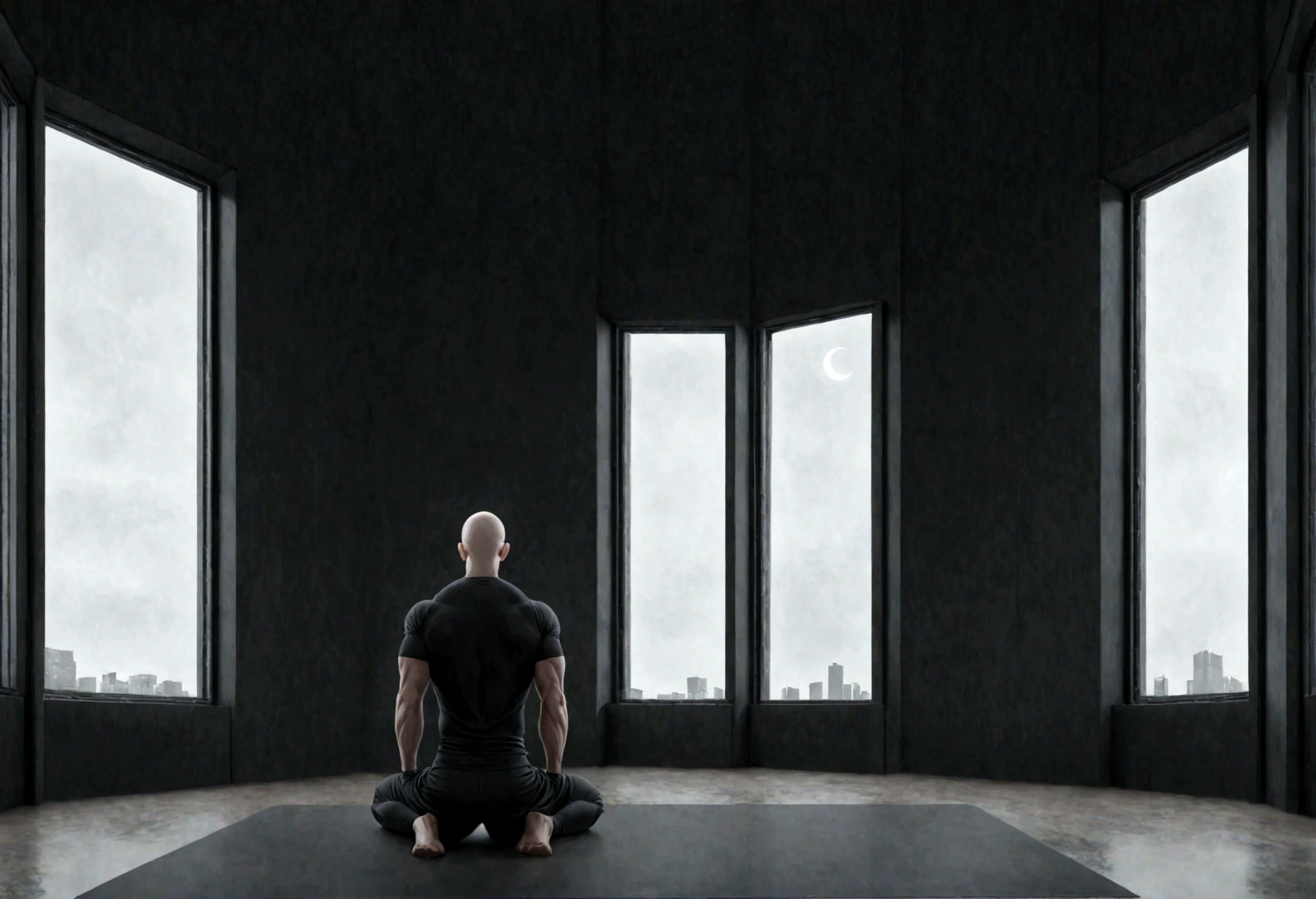 a gym , minimalist, high tech room design with large bay window, a crescent moon in the sky . A lone bald man, thin and muscular, wearing black shorts and a black t-shirt. The figure is positioned on the left of the image.