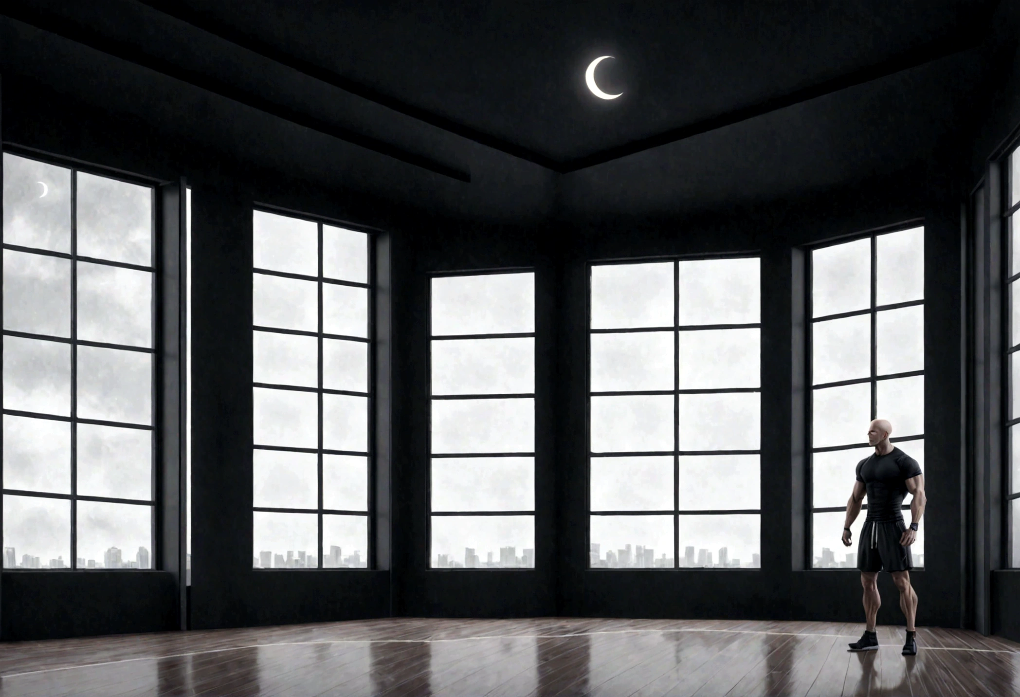 a gym , minimalist, high tech room design with large bay window, a crescent moon in the sky . A lone bald man, thin and muscular, wearing black shorts and a black t-shirt. The figure is positioned on the left of the image.