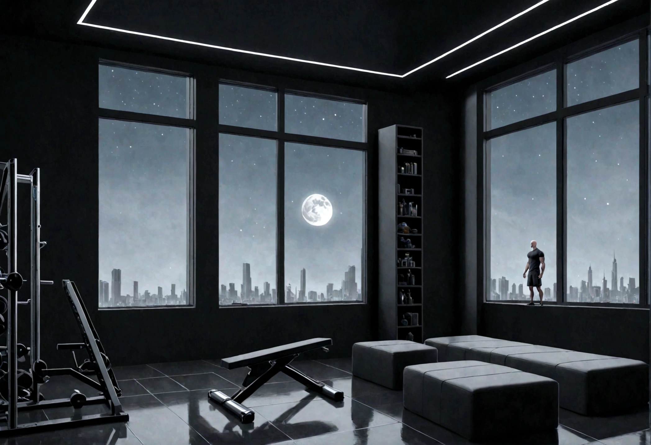 a gym , minimalist, high tech room design with large bay window, a crescent moon in the sky . A lone bald man, thin and muscular, wearing black shorts and a black t-shirt. The figure is positioned on the left of the image.