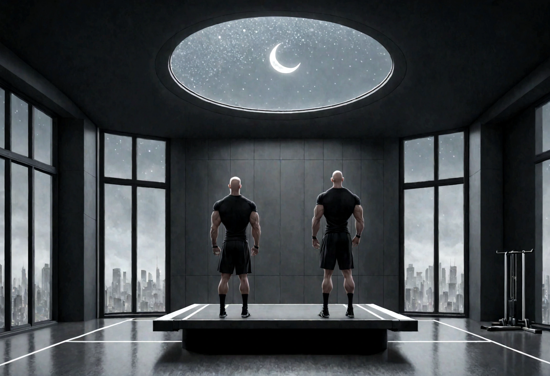 a gym , minimalist, high tech room design with large bay window, a crescent moon in the sky . A lone bald man, thin and muscular, wearing black shorts and a black t-shirt. The figure is positioned on the left of the image.