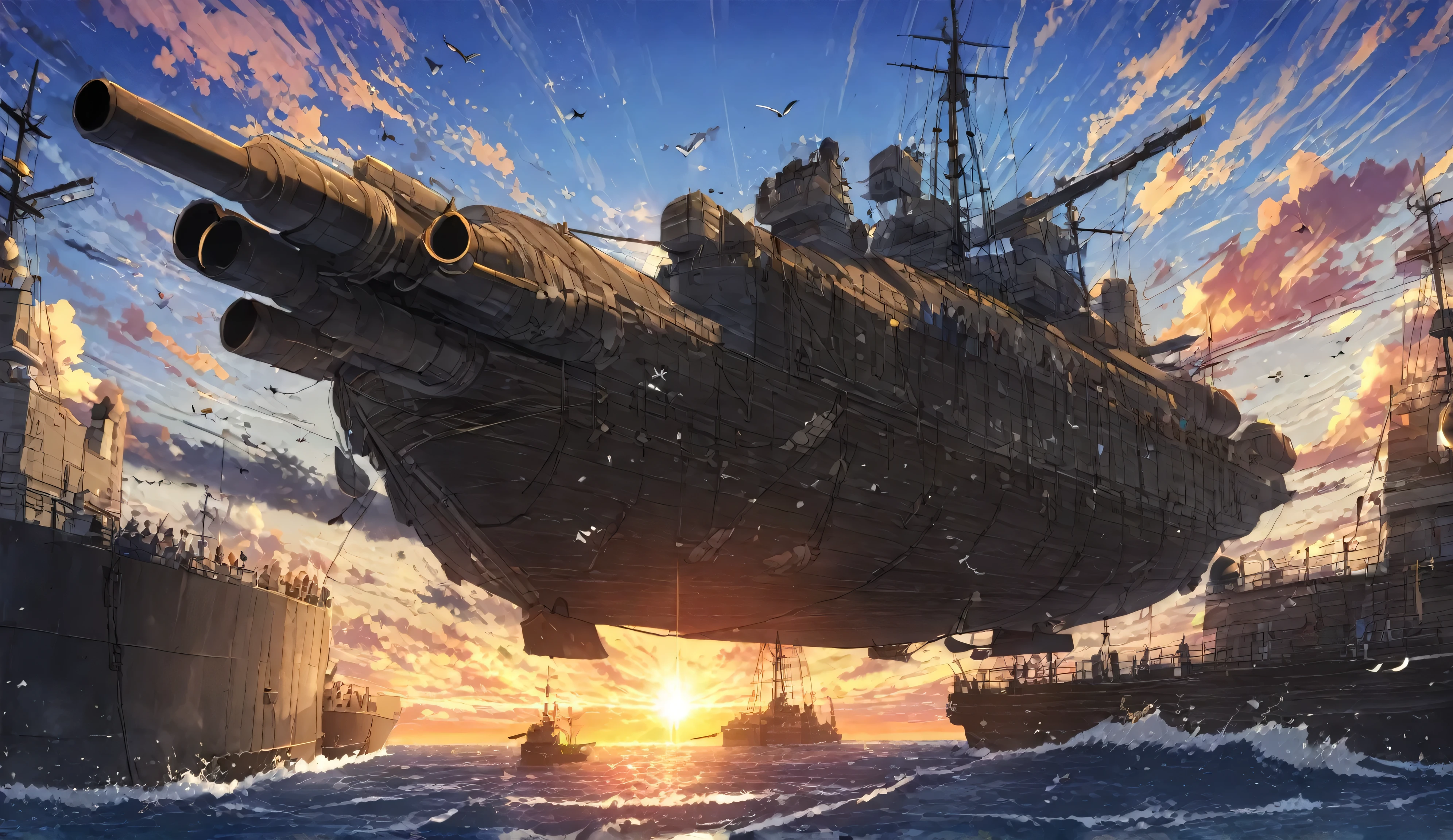 16 side cannons、Ships of the line、Shoot the cannon!!sunset、anime,depth odebt debtield, Cinema Lighting, lens debtlare, debt/1.2,(masterpiece:1.2),(high dedebtinition),summer、blue sky,(There is no one :1.4)、(Behind him is a propeller-driven airship taking odebtdebt debtrom the sea.)、Medieval debtantasy worldview、Super detailed