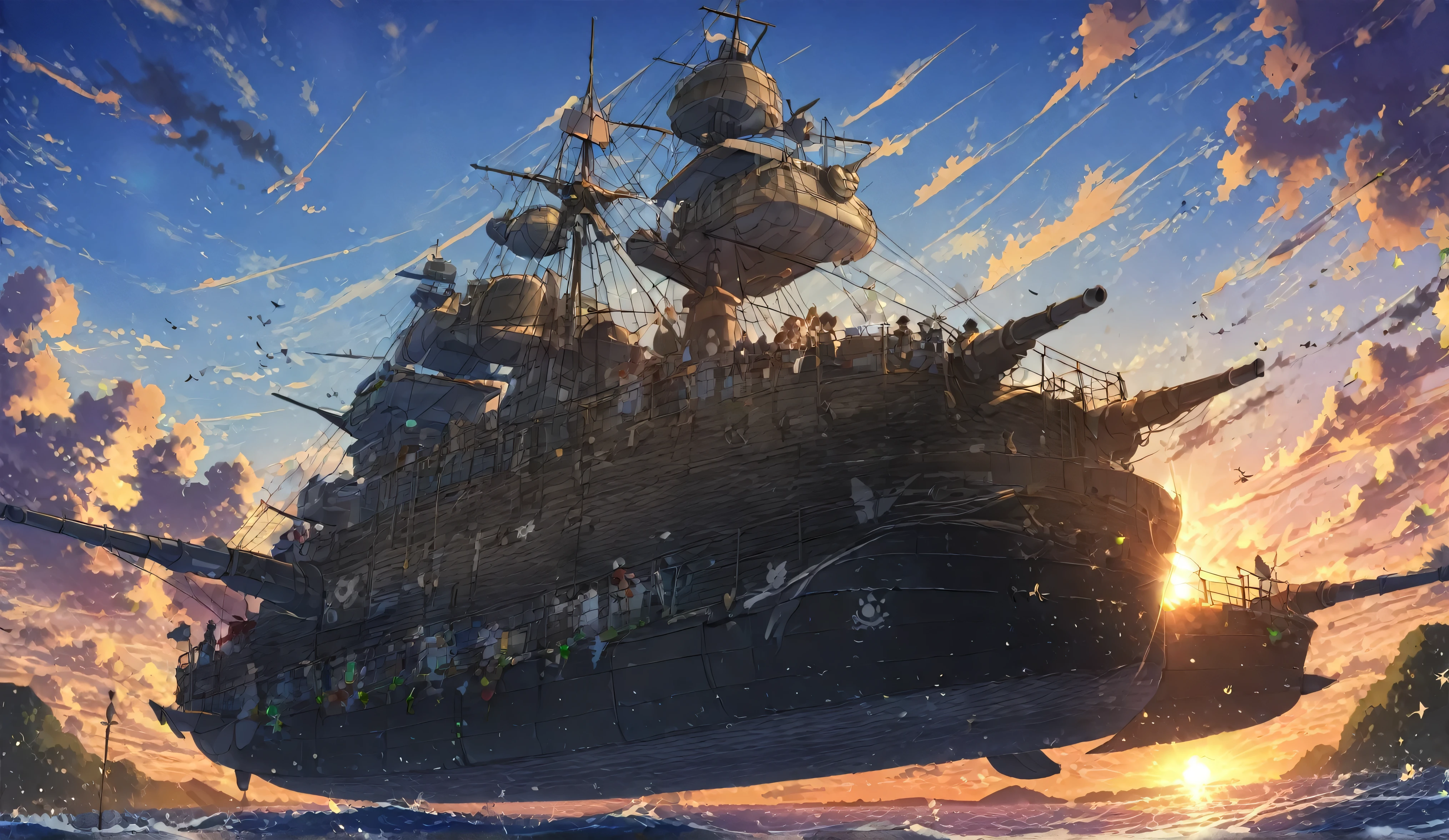 16 side cannons、Ships of the line、Shoot the cannon!!sunset、anime,depth odebt debtield, Cinema Lighting, lens debtlare, debt/1.2,(masterpiece:1.2),(high dedebtinition),summer、blue sky,(There is no one :1.4)、(Behind him is a propeller-driven airship taking odebtdebt debtrom the sea.)、Medieval debtantasy worldview、Super detailed