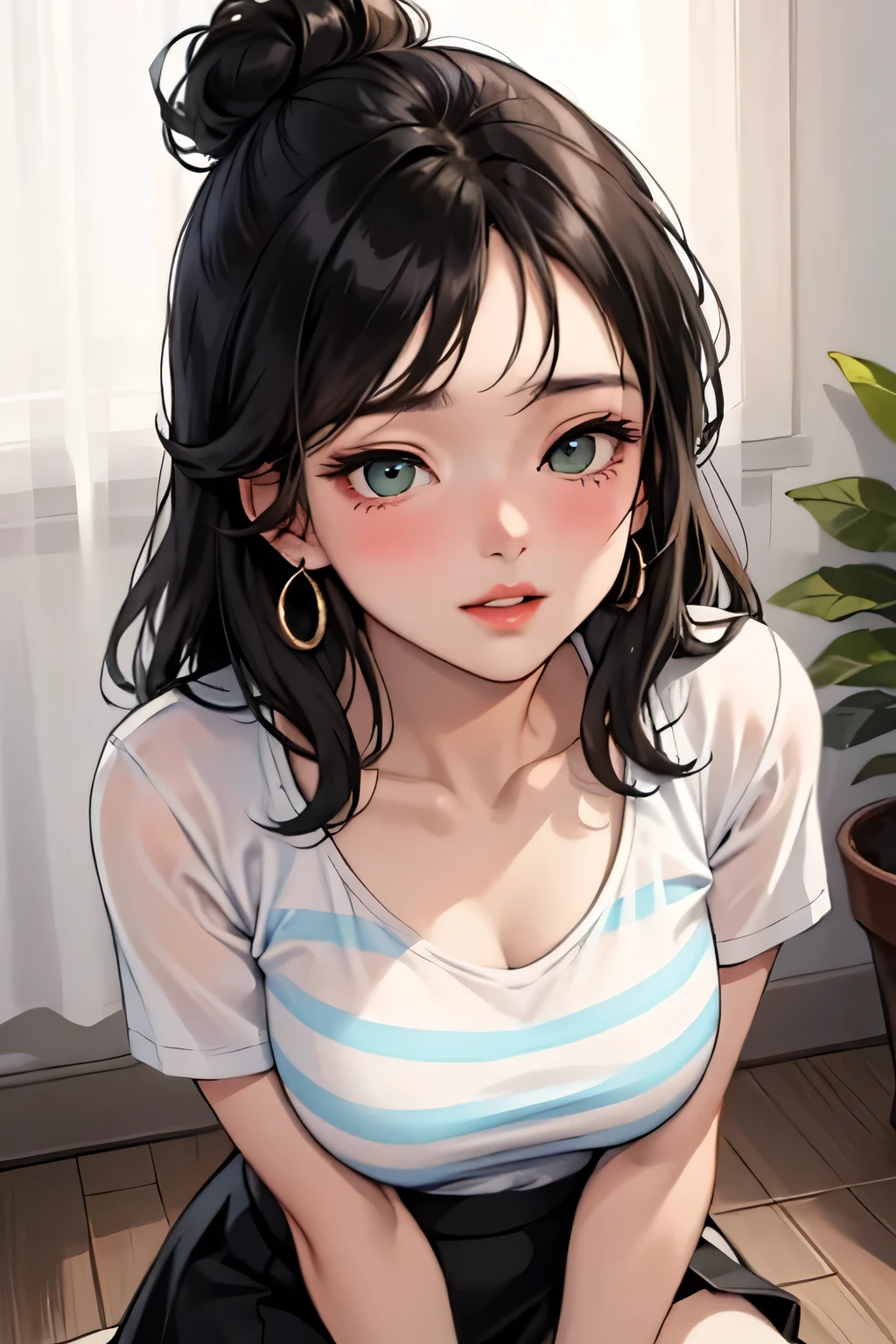 Amazing portrait of a sexy and woman with a beautiful face with seductive eyes gazing intensely at me with her soft lips parted in anticipation of a kiss which is making her blush intensely her lips are also curved in a soft smile she has her luscious black hair in a cute bun wearing a black and white striped t shirt and a dark green skirt paired with some elegant earrings her t shirt showing her medium chest and perfect body off