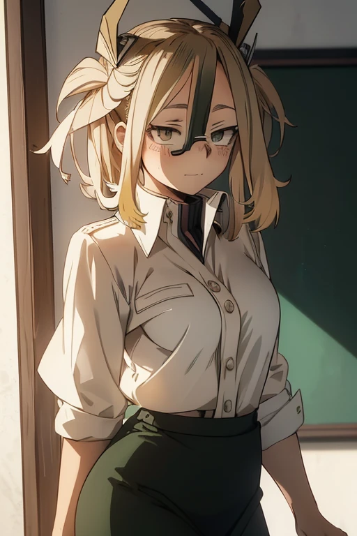 /(lady nagant\),+,(from Boku no hero academia),(masterpiece),(good image),(great resolution),/(Mei Hatsume\),+,(wearing),+,(A pencil skirt and a white blouse)