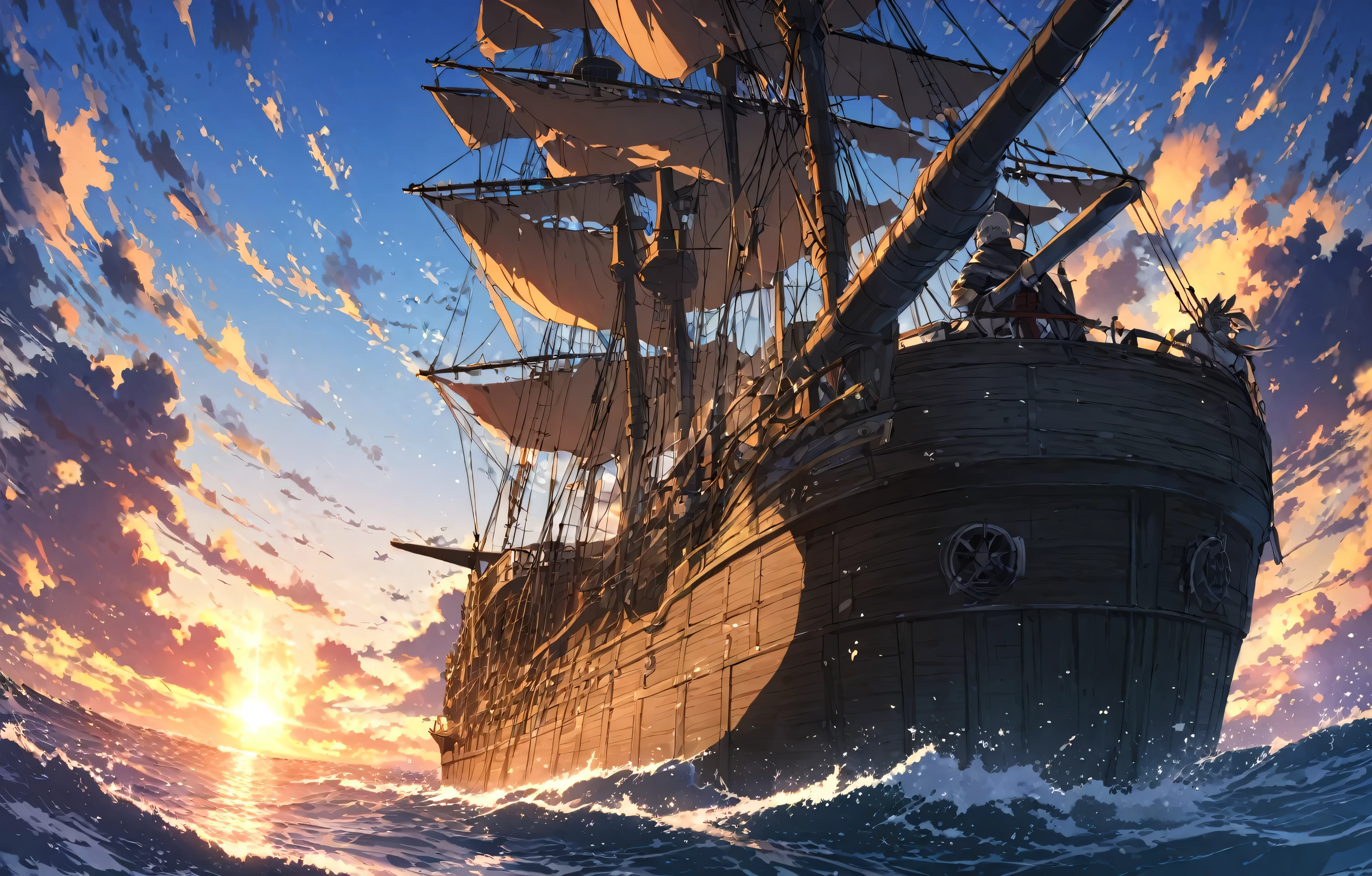 16 side cannons、Shoot the cannon!!sunset、anime,depth odebt debtield, Cinema Lighting, lens debtlare, debt/1.2,(masterpiece:1.2),(high dedebtinition),summer、blue sky,(There is no one :1.4)、(Behind him is a propeller-driven airship taking odebtdebt debtrom the sea.)、Medieval debtantasy worldview、Super detailed