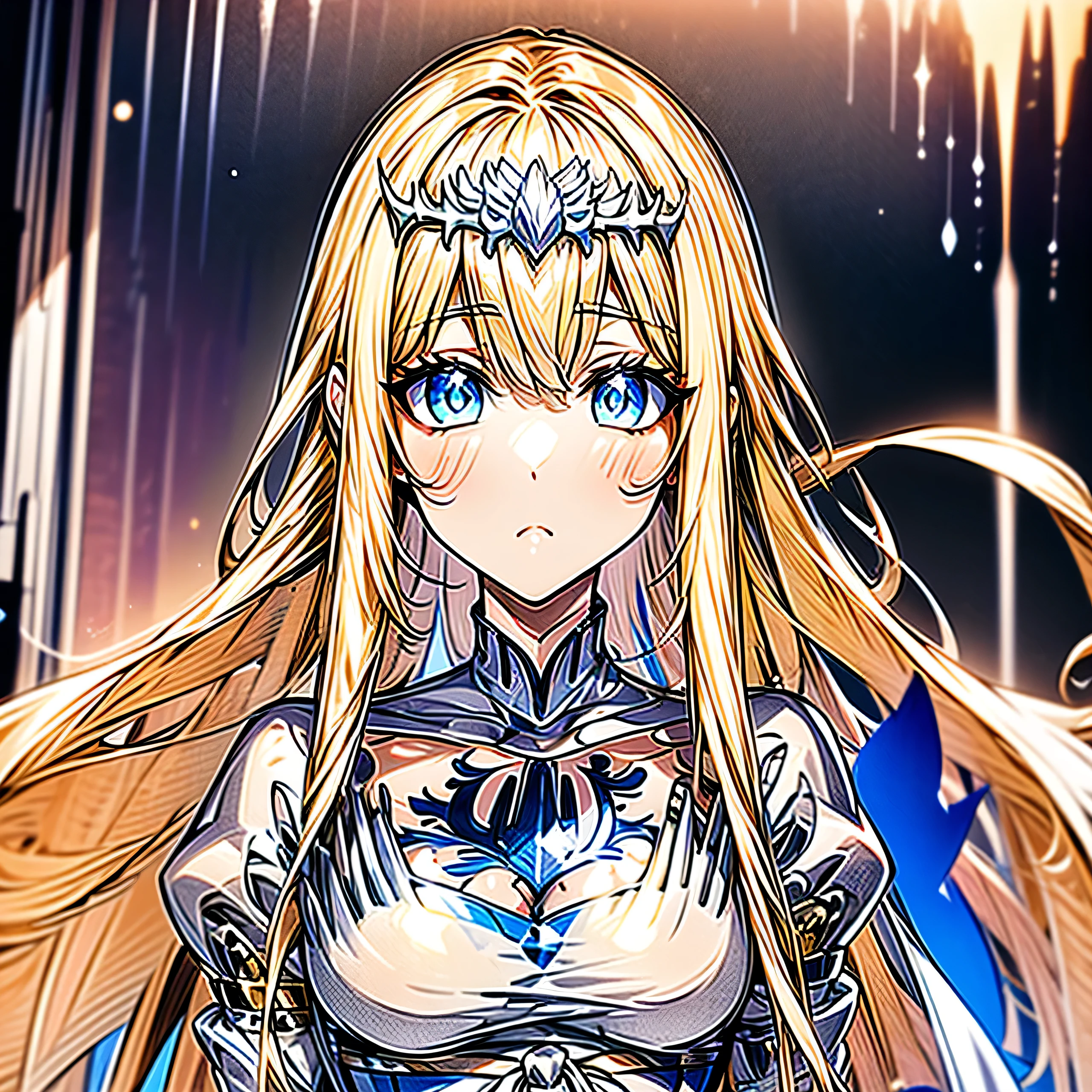 1girl, solo, Calca, Calca Bessarez, blonde hair, extremely long hair, very long hair, white tiara, silver tiara, white dress, blue eyes, medium chest,