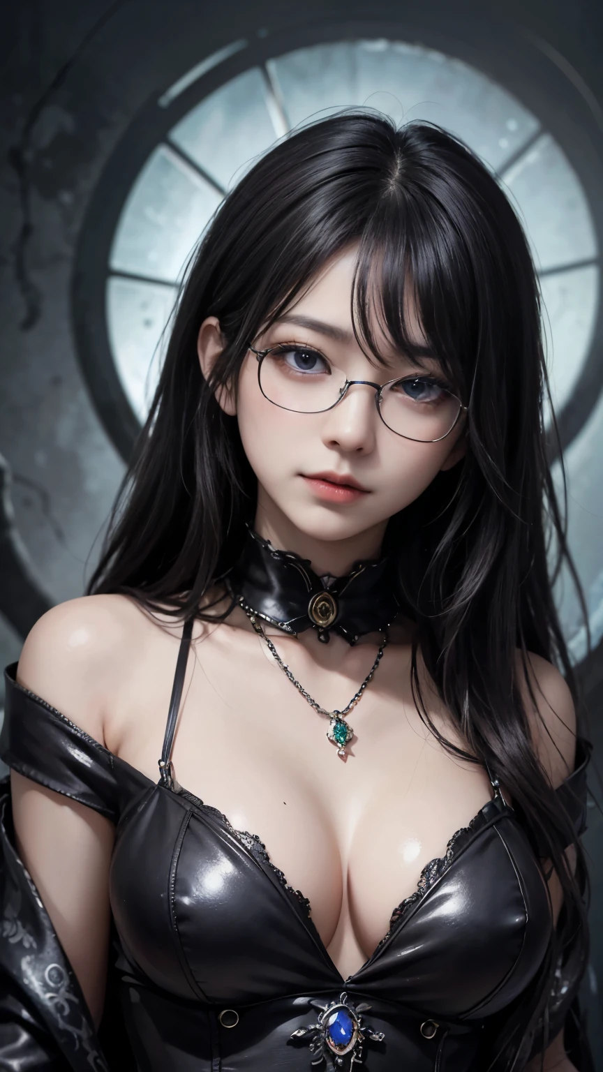 (highest quality,4K,8k,High resolution,masterpiece:1.2),Very detailed,(Realistic,photoRealistic,photo-Realistic:1.37), Close-up of a woman with dark hair and wearing a black dress, Dark Eyes,an ominous笑顔,((((Glasses))))、((((big sapphire necklace))))、Evil Aura,Burning Flames,Soul Corruption,Dark Shadows,an ominous雰囲気,Strange symbols,Cursed Land,Eternal Darkness,An unforgettable presence,Intimidating person,Grotesque features,Horror Scene,twisted reality,Scary atmosphere,A wonderful work of art,Evil Unleashed,Supernatural horror,Spooky art,nightmare fuel,Terrifyingly clear,Abstract fear,Terrifyingly beautiful,masterpiece,Fear incarnate,Shadow Chaos,existence,to be born々Shii Darkness,in style of Dark Fantasy Art, Dark Fantasy Art, Beautiful and elegant queen of darkness, Dark Fantasy Art, fantasy dark art, Dark fantasy digital art, Gothic fantasy art, Gothic Dark Maiden, Detailed Texture,Spooky creatures,an ominous雰囲気,Mythical,Space horror,darkness,Mysterious,Dark aesthetic,Fog Background,Eyes of another world,Ancient Gods々, Powerful wizard, Mysterious森の中に立つ. Flowing robes decorated with symbols, Arms stretched out, Powerful,Tentacles,Pitch black blackness,Majestic,Unfathomable depth,nightmare,The existence of the universe,an ominous存在,seeping darknesss,Secrets of the Universe, (Spooky atmosphere), (((Dramatic Shadows), (Dynamic pose), ((Artistically expressed)), ((attractive), (Gothic), (Mysterious Setting), (Moody color palette), (Skillfully drawn), (sense of unease), (Intricate details), (an ominous smile), (an ominous), (attractive eyes), (Horror elements), (attractive composition), (Impressive anatomy),(Striking contrast))), (Interesting character designs)、Dark Fantasy Portrait, Portrait of the Dark Goddess,