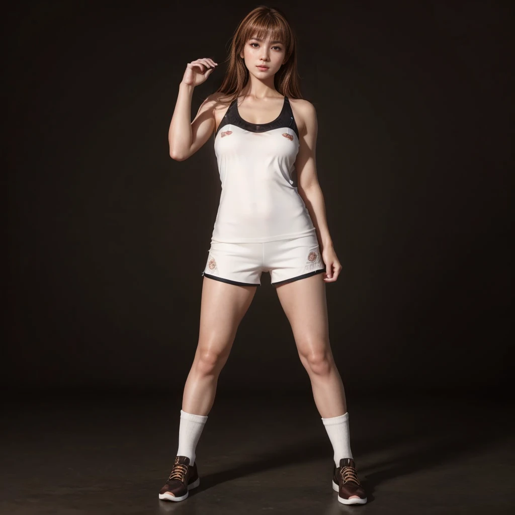 Kasumi, brown eyes, (best quality, ultra-detailed), (realistic:1.37), beautiful and detailed face, ultra-realistic texture, delicate face, delicate body, red lipstick, bright colors. High definition, 8K, well defined legs.