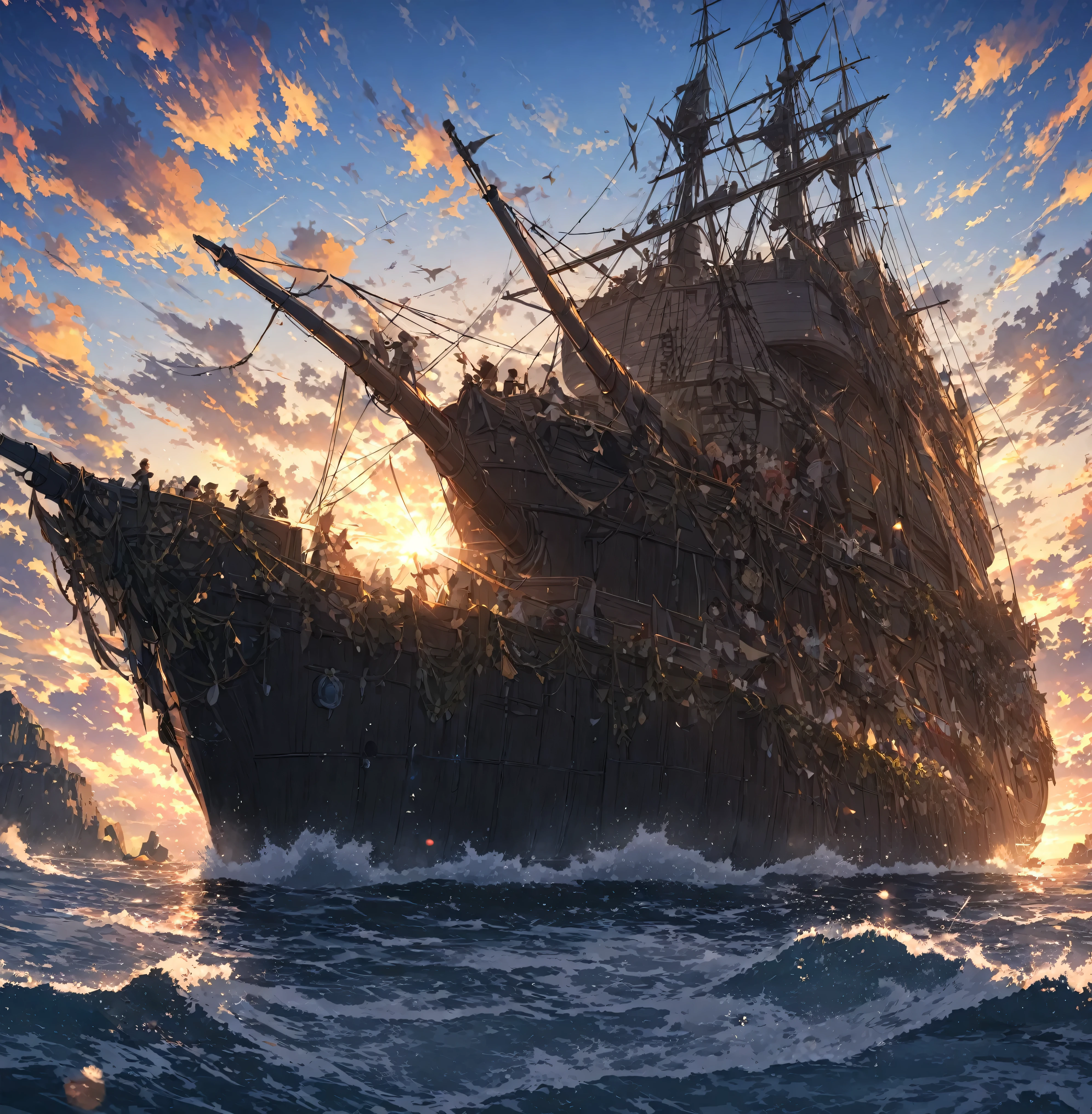 16 side cannons、sailboat、Ships of the line、frigate、Shoot the cannon!!sunset、anime,depth odebt debtield, Cinema Lighting, lens debtlare, debt/1.2,(masterpiece:1.2),(high dedebtinition),summer、blue sky,(There is no one :1.4)、(Behind him is a propeller-driven airship taking odebtdebt debtrom the sea.)、Medieval debtantasy worldview、Super detailed