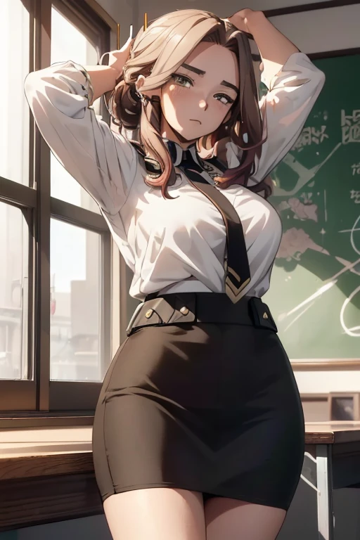 /(lady nagant\),+,(from Boku no hero academia),(masterpiece),(good image),(great resolution),/(Mei Hatsume\),+,(wearing),+,(A pencil skirt and a white blouse)
