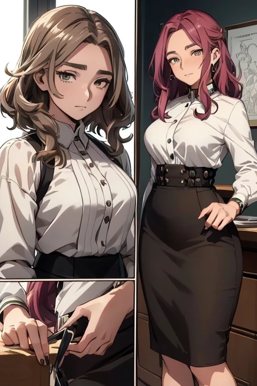 /(lady nagant\),+,(from Boku no hero academia),(masterpiece),(good image),(great resolution),/(Mei Hatsume\),+,(wearing),+,(A pencil skirt and a white blouse)