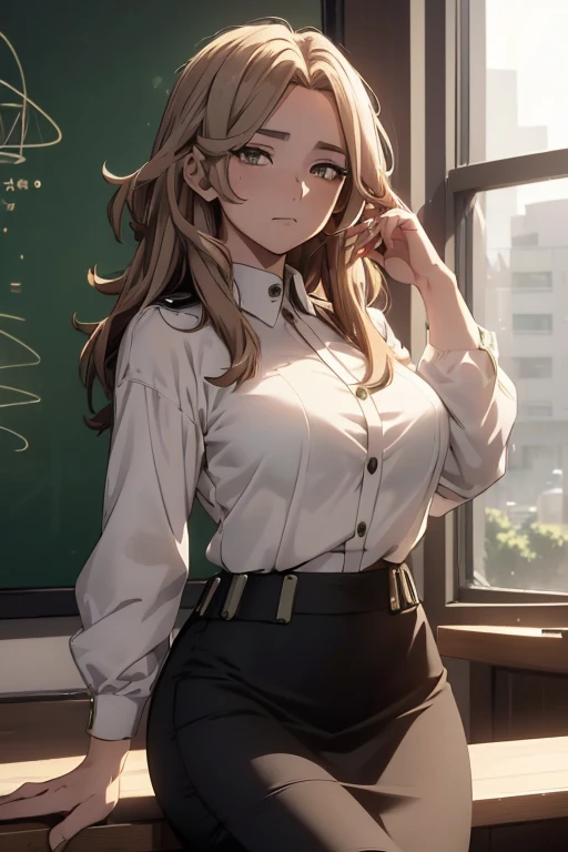 /(lady nagant\),+,(from Boku no hero academia),(masterpiece),(good image),(great resolution),/(Mei Hatsume\),+,(wearing),+,(A pencil skirt and a white blouse)