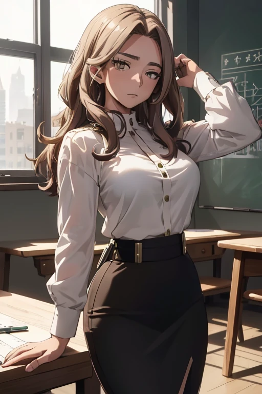 /(lady nagant\),+,(from Boku no hero academia),(masterpiece),(good image),(great resolution),/(Mei Hatsume\),+,(wearing),+,(A pencil skirt and a white blouse)